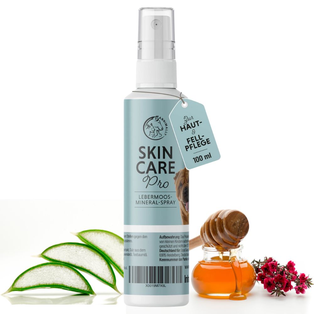 Annimally Skin Care Pro, spuitfles met etiket. Aloë Vera, honing en bloemen ernaast. Opschrift: Huid- & vachtverzorging, 100 ml.