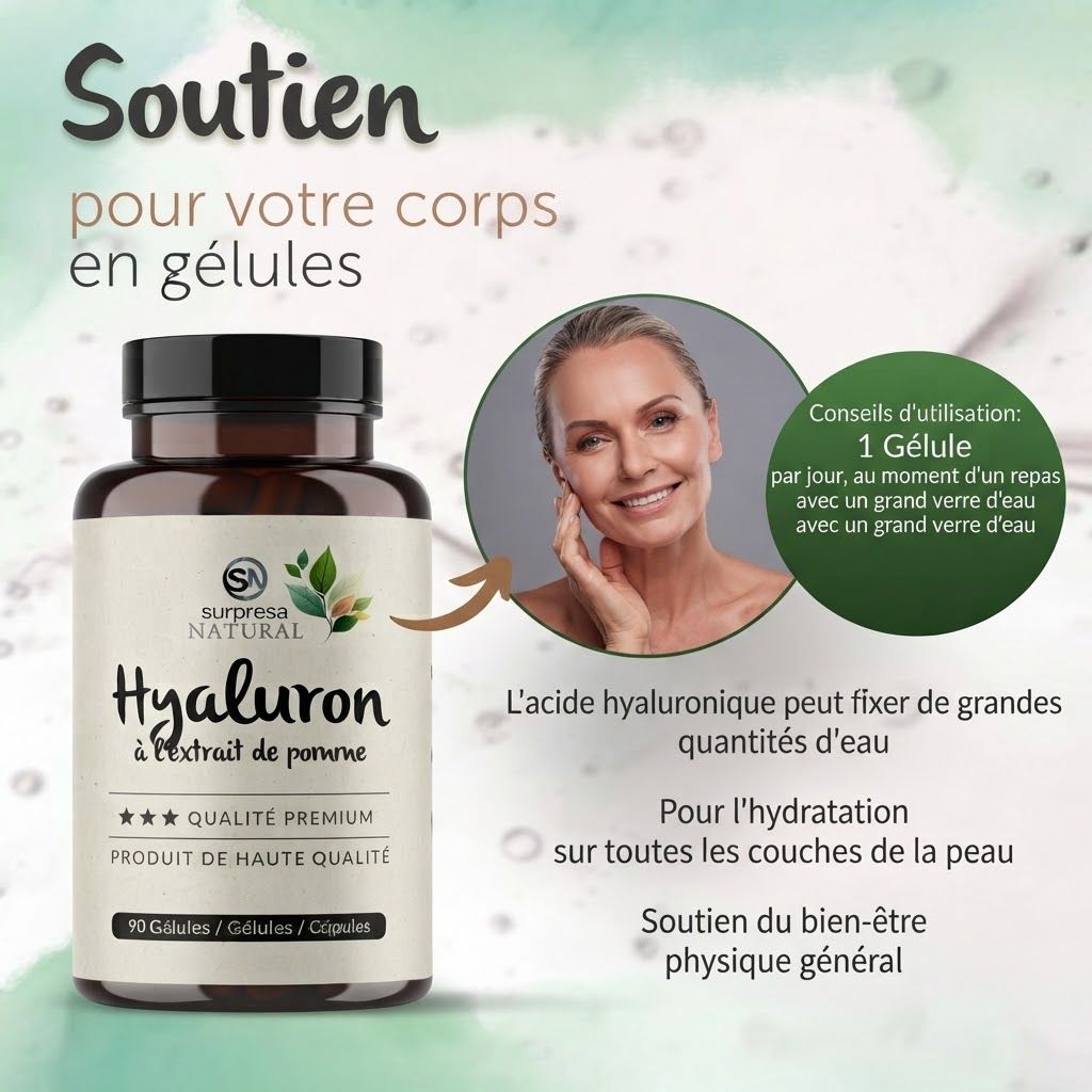 Bouteille de capsules Surpresa Natural Hyaluron avec extrait de pomme. Soutien pour votre corps.