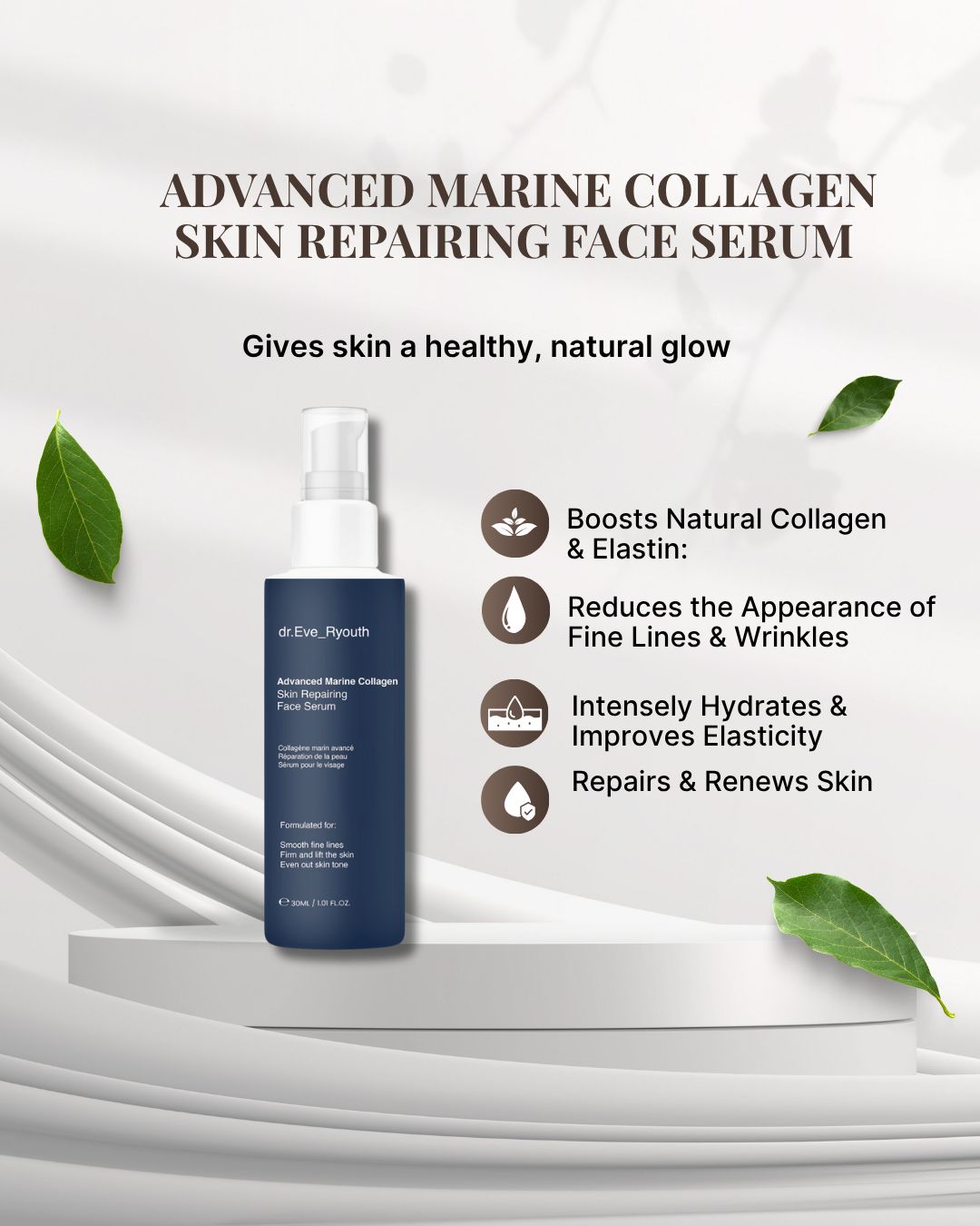 Donkerblauwe fles met witte pomp op sokkel. Tekst: "Advanced Marine Collagen Skin Repairing Face Serum". Bladeren.