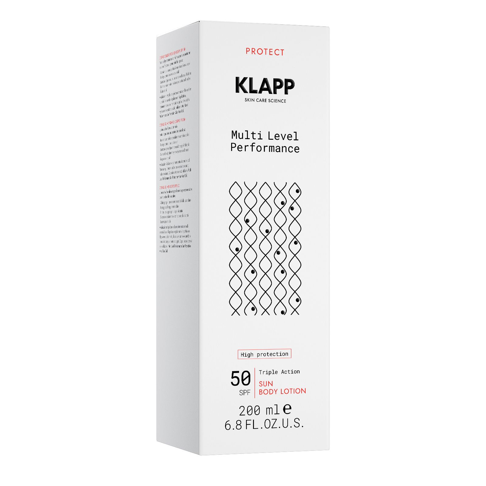 Witte verpakking met productinformatie. Opschrift: KLAPP, Multi Level Performance, 50 SPF, Sun Body Lotion. Zwarte lijnen grafiek.