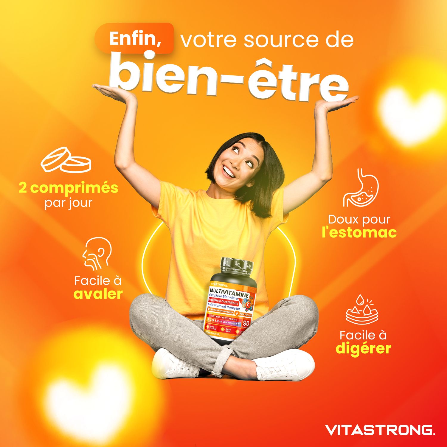 Femme avec flacon. Texte. 2 comprimés par jour. Facile à avaler, doux pour l'estomac, facile à digérer. Vitastrong.