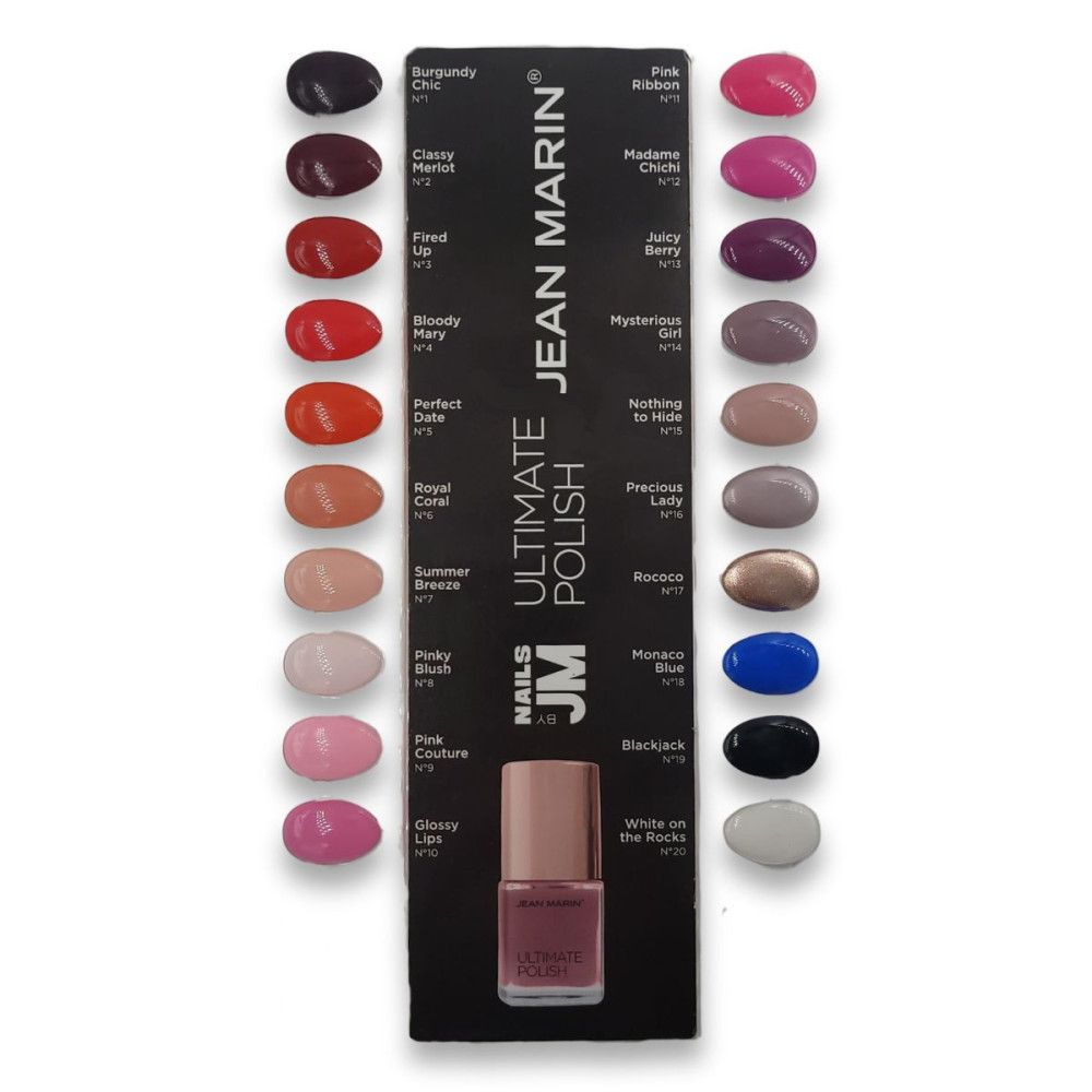 Nuancier de vernis à ongles Jean Marin Ultimate Polish. Différentes couleurs, dont rose, rouge et noir. Une bouteille de vernis.