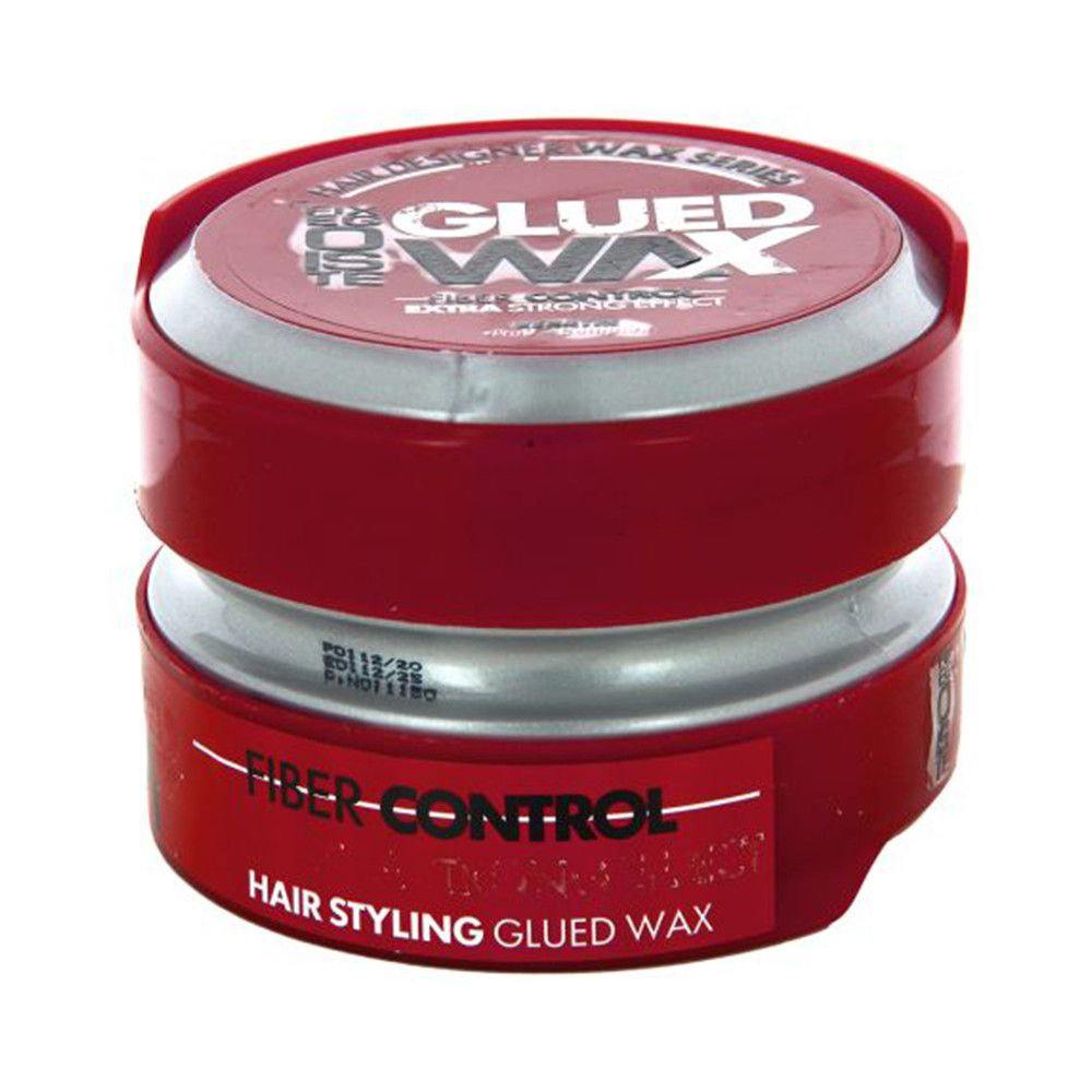 Ronde pot haarwax, rood en zilver. Opschrift: GLUED WAX, Fiber-Control, Hair Styling Glued Wax, Extra Strong Effect.