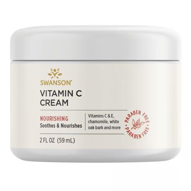 Pot de crème avec couvercle. Inscription: SWANSON Vitamin C CREAM. Contient 2 FL OZ (59 ml). Sans parabène.