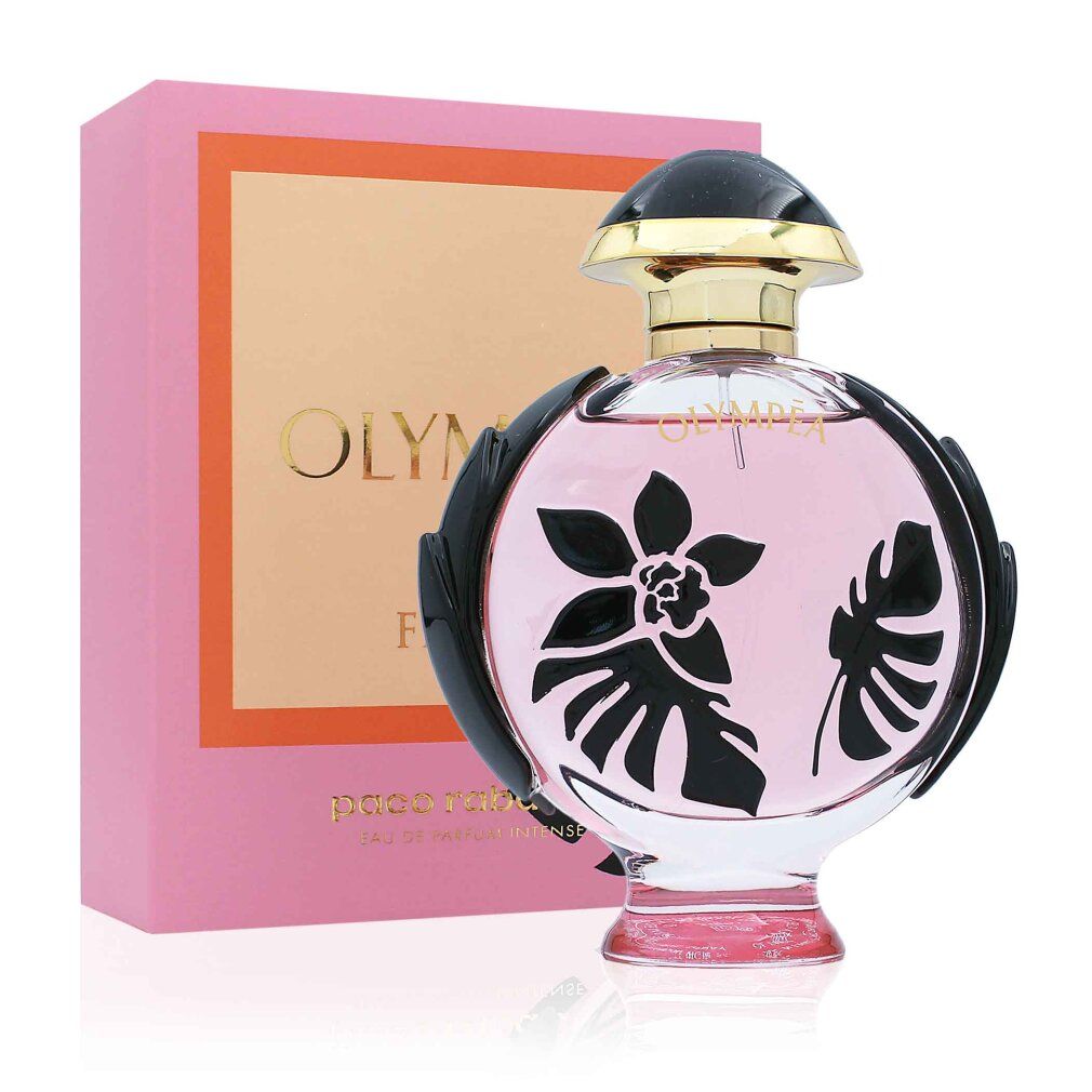 Roze fles met zwarte bloemdecoratie en verpakking. Opschrift: OLYMPÉA FLORA. Merk: Paco Rabanne.