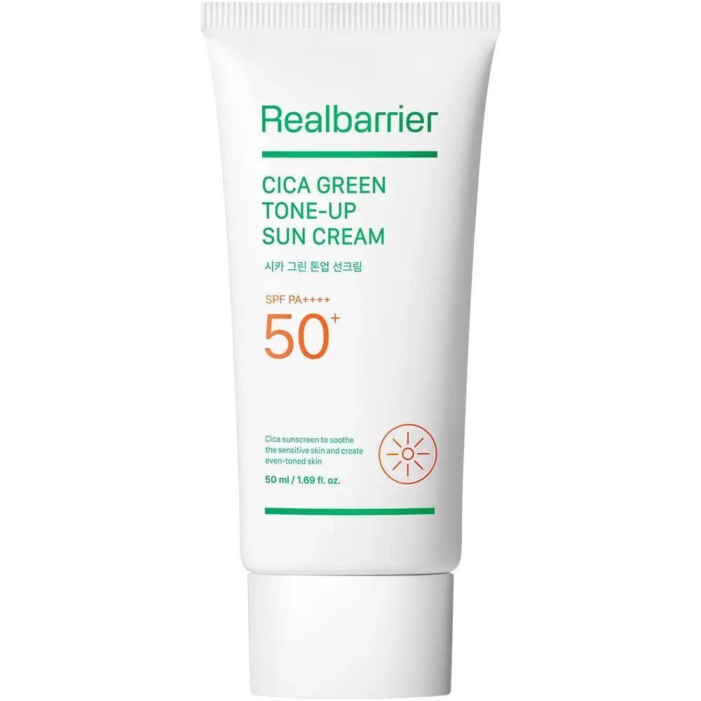 Tube de crème solaire Real Barrier Cica Green Tone-Up. Nom du produit et SPF 50+ visibles.