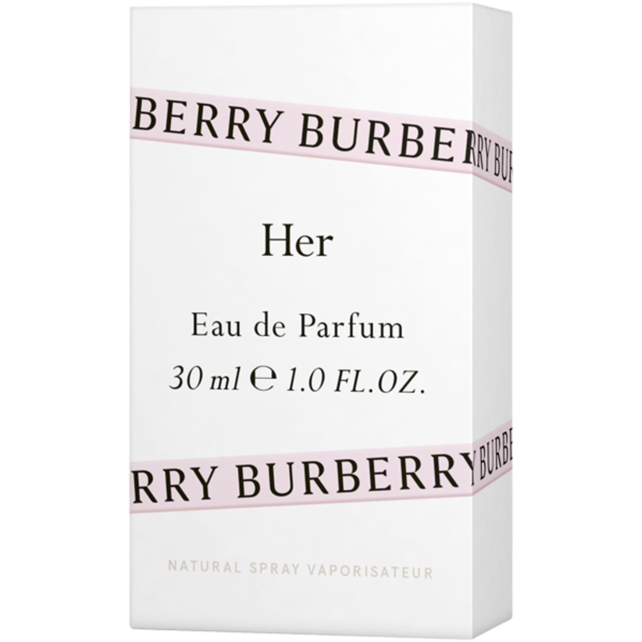 Emballage blanc avec texte rose. Texte : Her Eau de Parfum, 30 ml. Bandes roses avec texte Burberry.