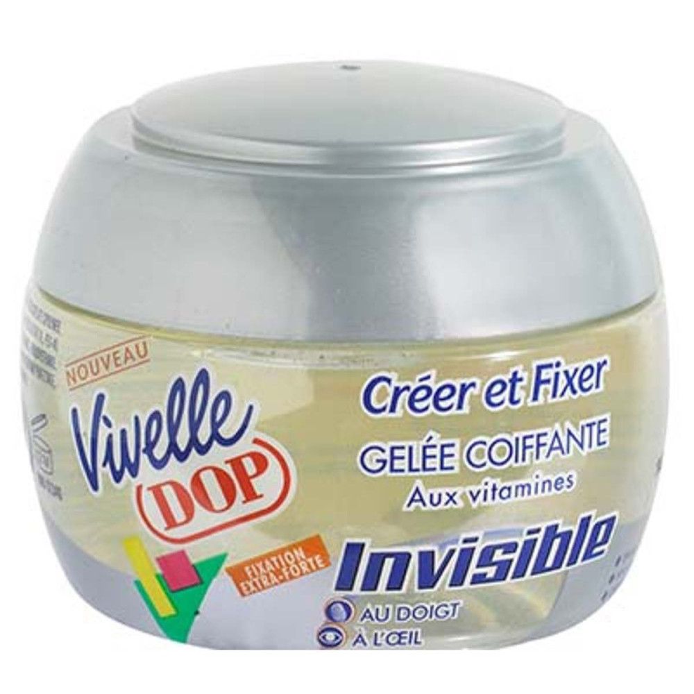 Ronde pot met zilveren deksel. Opschrift: Vivelle DOP, Créer et Fixer, Gelée Coiffante, Invisible. Met vitaminen. Extra sterke fixatie.