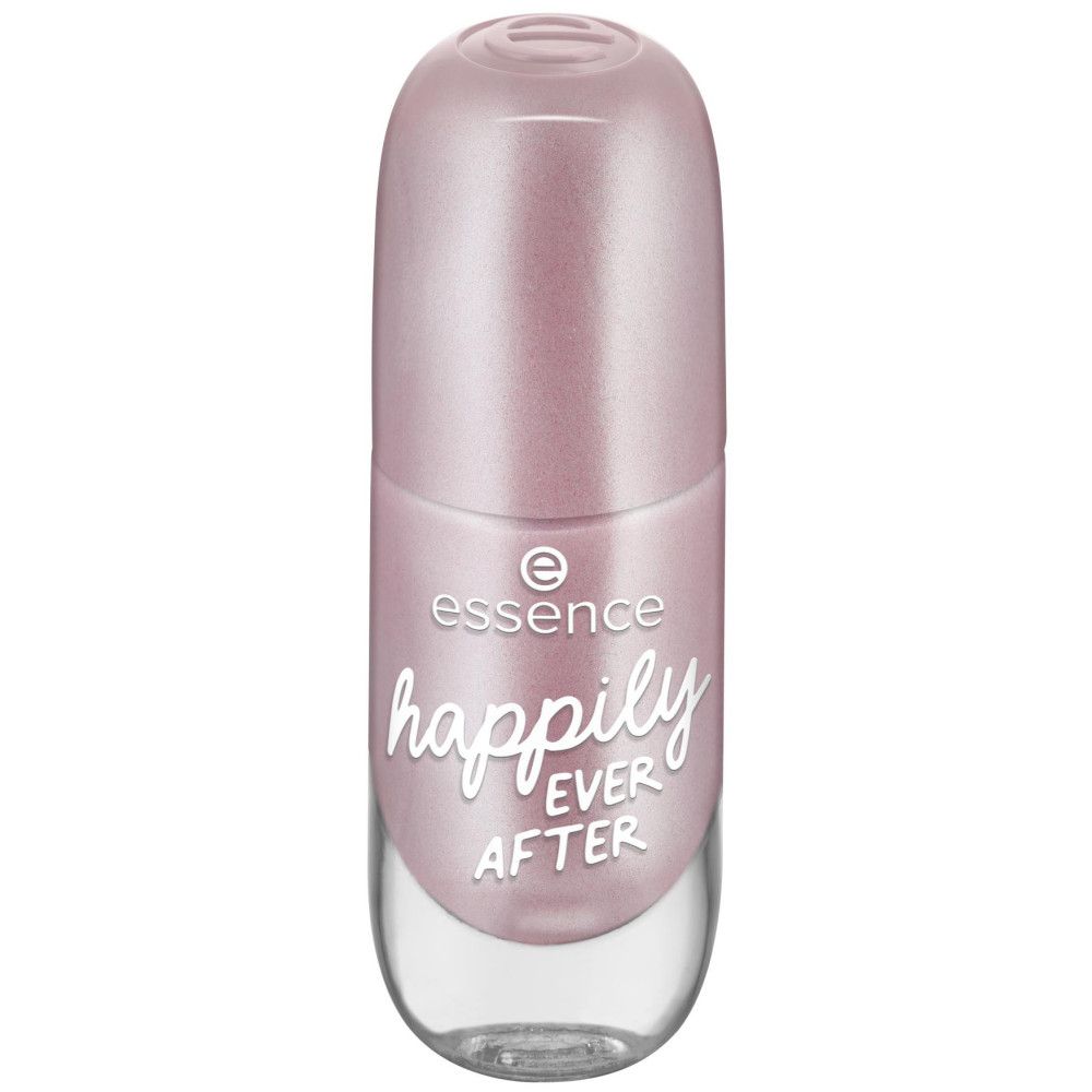 Flacon de vernis à ongles fermé. Vernis rose avec inscription 'happily ever after'. Marque : Essence.