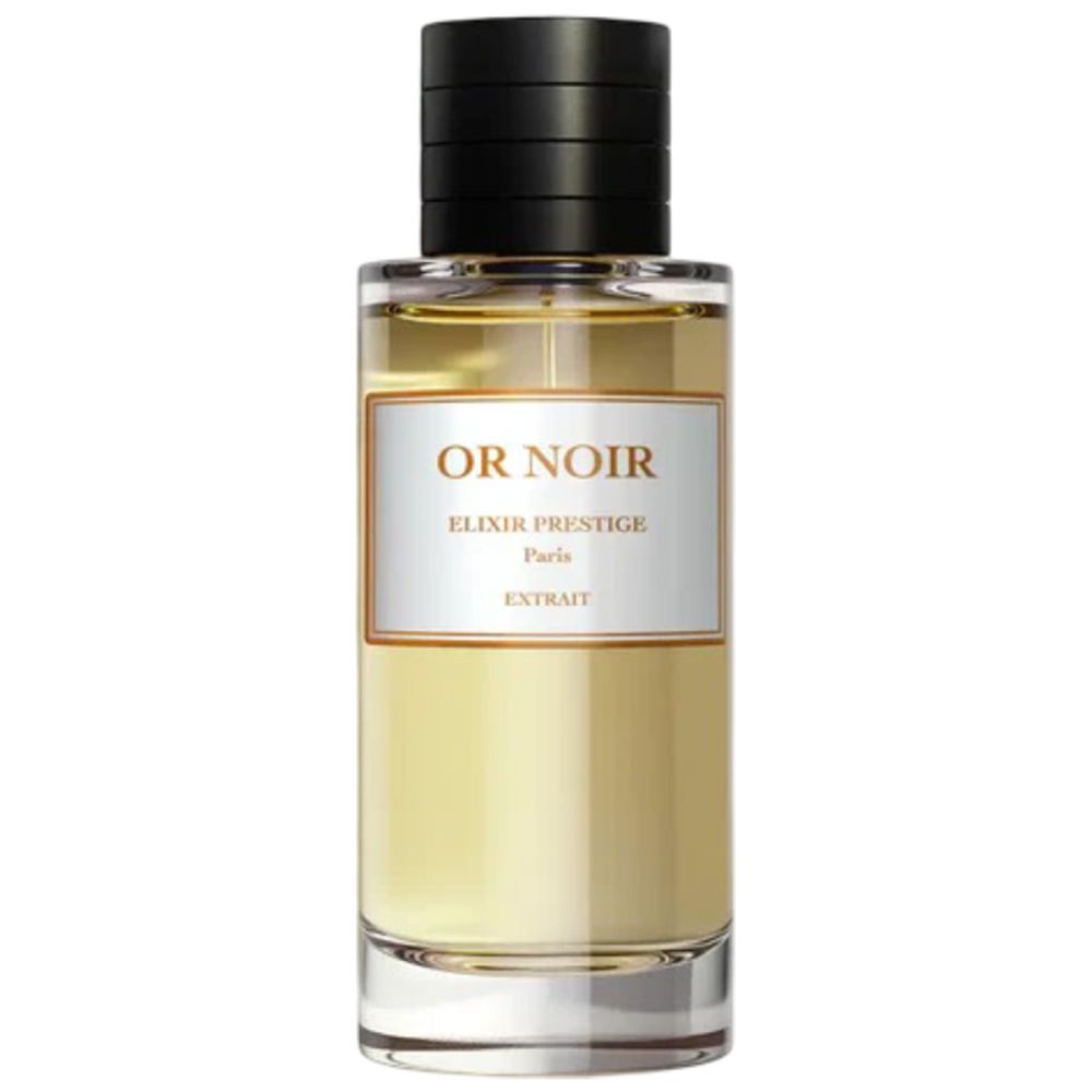 Parfumfles met zwarte dop. Wit etiket met gouden tekst: OR NOIR, ELIXIR PRESTIGE, Paris, EXTRAIT.