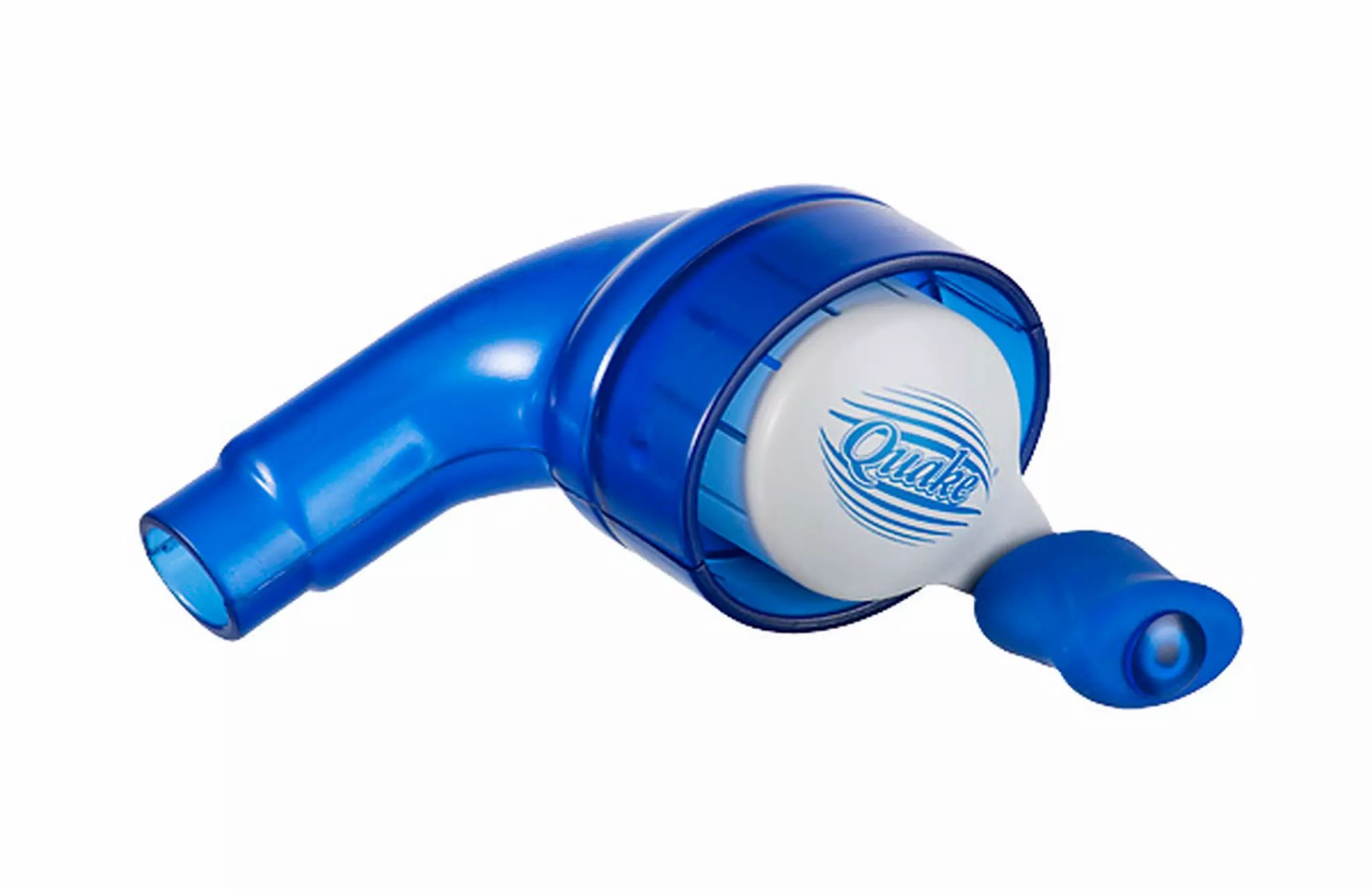 Een blauw en wit ademhalingstherapieapparaat, geassembleerd, met zichtbare merknaam.