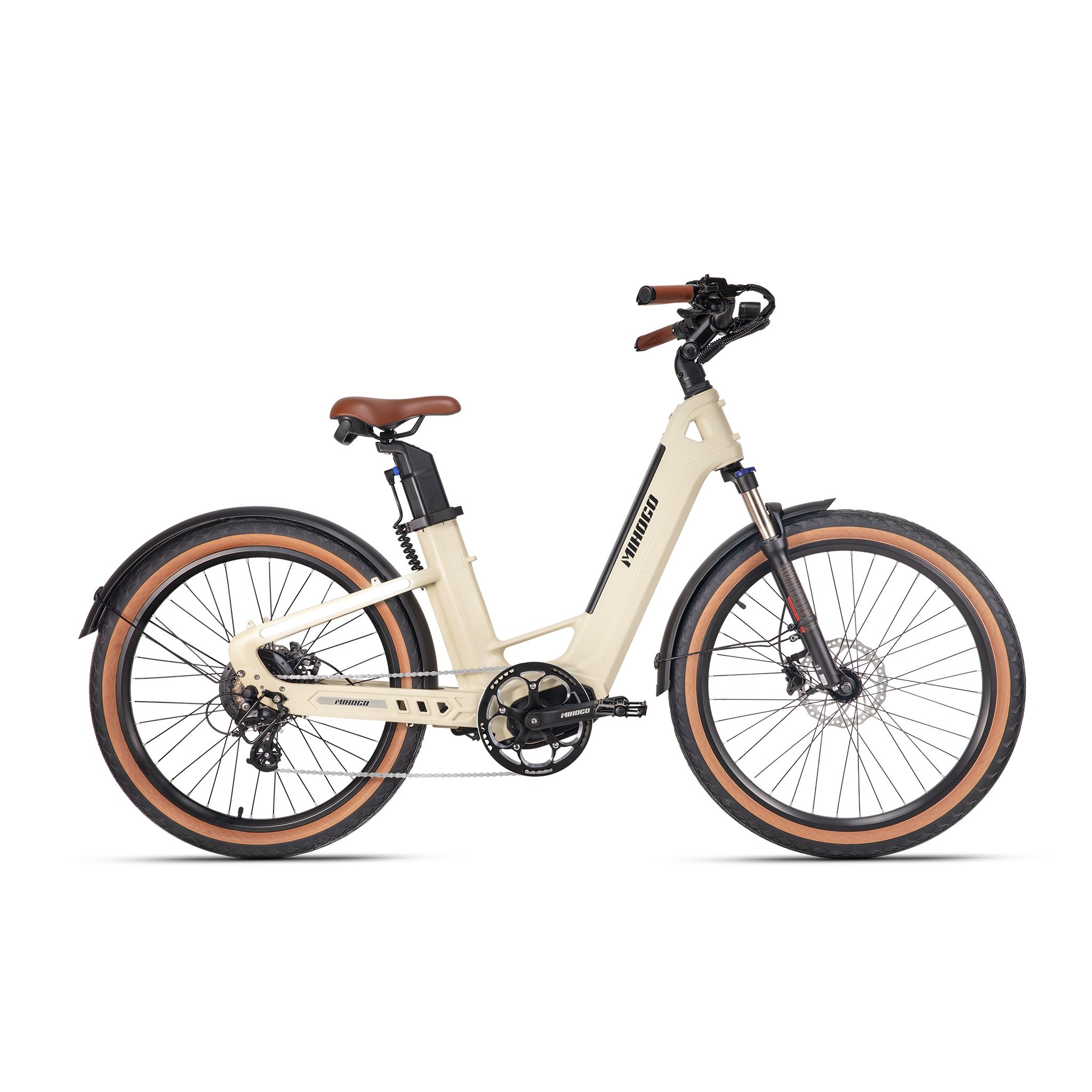 Beige e-bike met bruine banden en zadel. Zwarte spatborden en stuur. MIHOGO-logo.