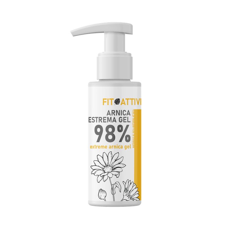 Witte dispenser met geel etiket. Opschrift: FITOATTIVI, ARNICA ESTREMA GEL, 98%, extreme arnica gel. Bloemenillustratie.