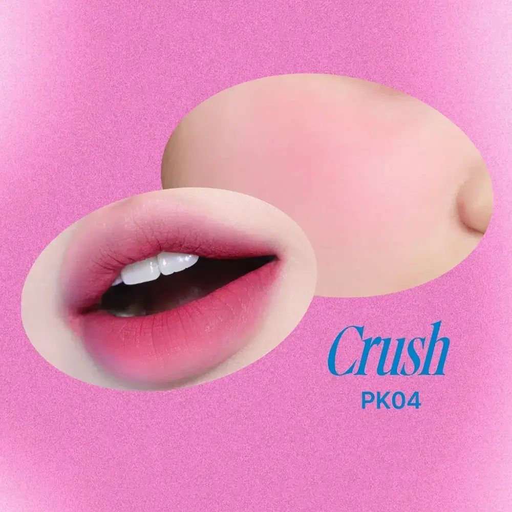Lip- en wangmake-up in PK04 Crush. Lippen en wangen met roze tint. Tekst: Crush, PK04.