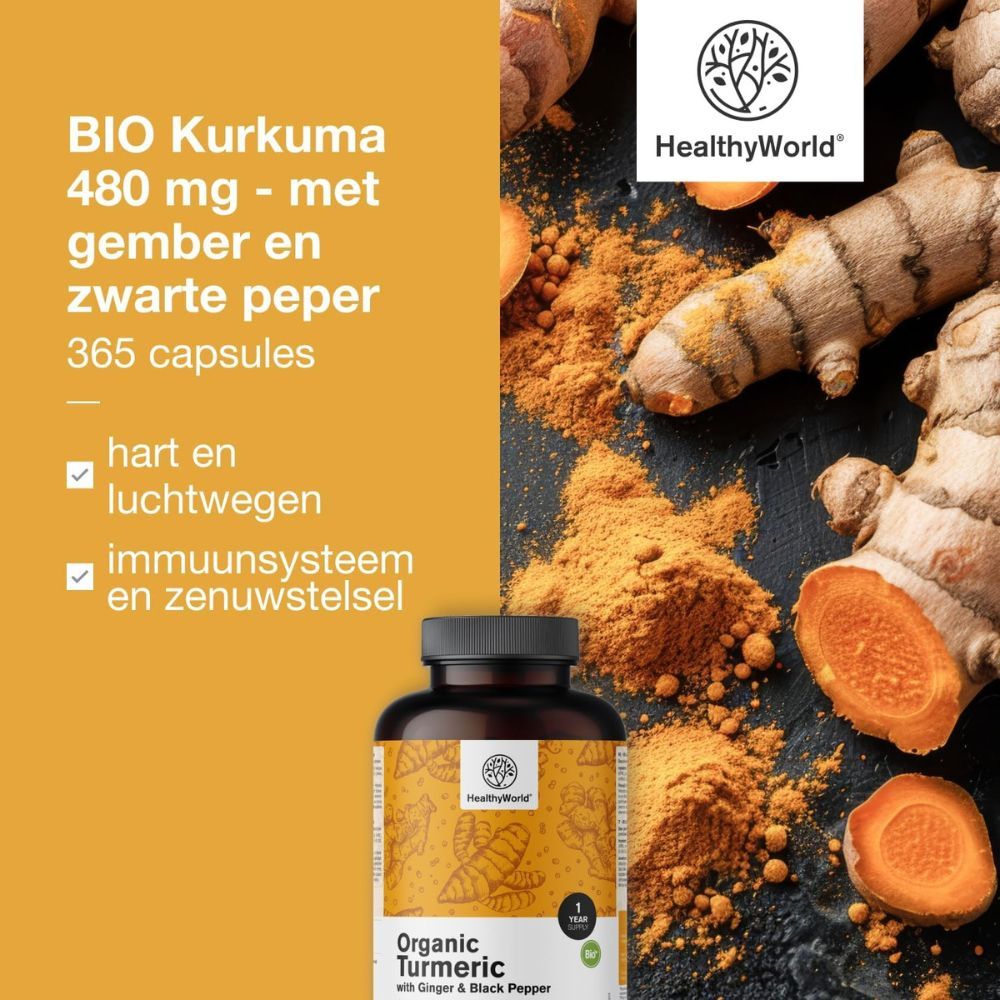 BIO Kurkuma 480 mg met gember en zwarte peper. Kurkumapoeder en wortels. HealthyWorld logo.