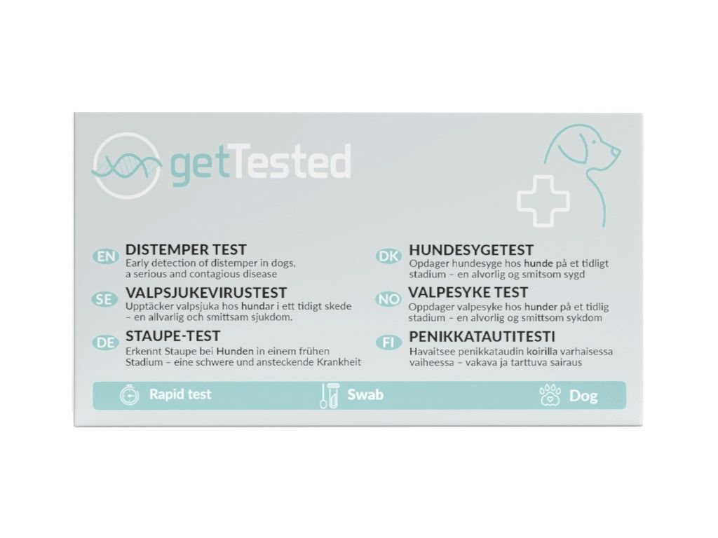 Verpakking van de GetTested hondenziekte test. Meertalige tekst, waaronder Duits. Logo, afbeelding van een hond en kruis.