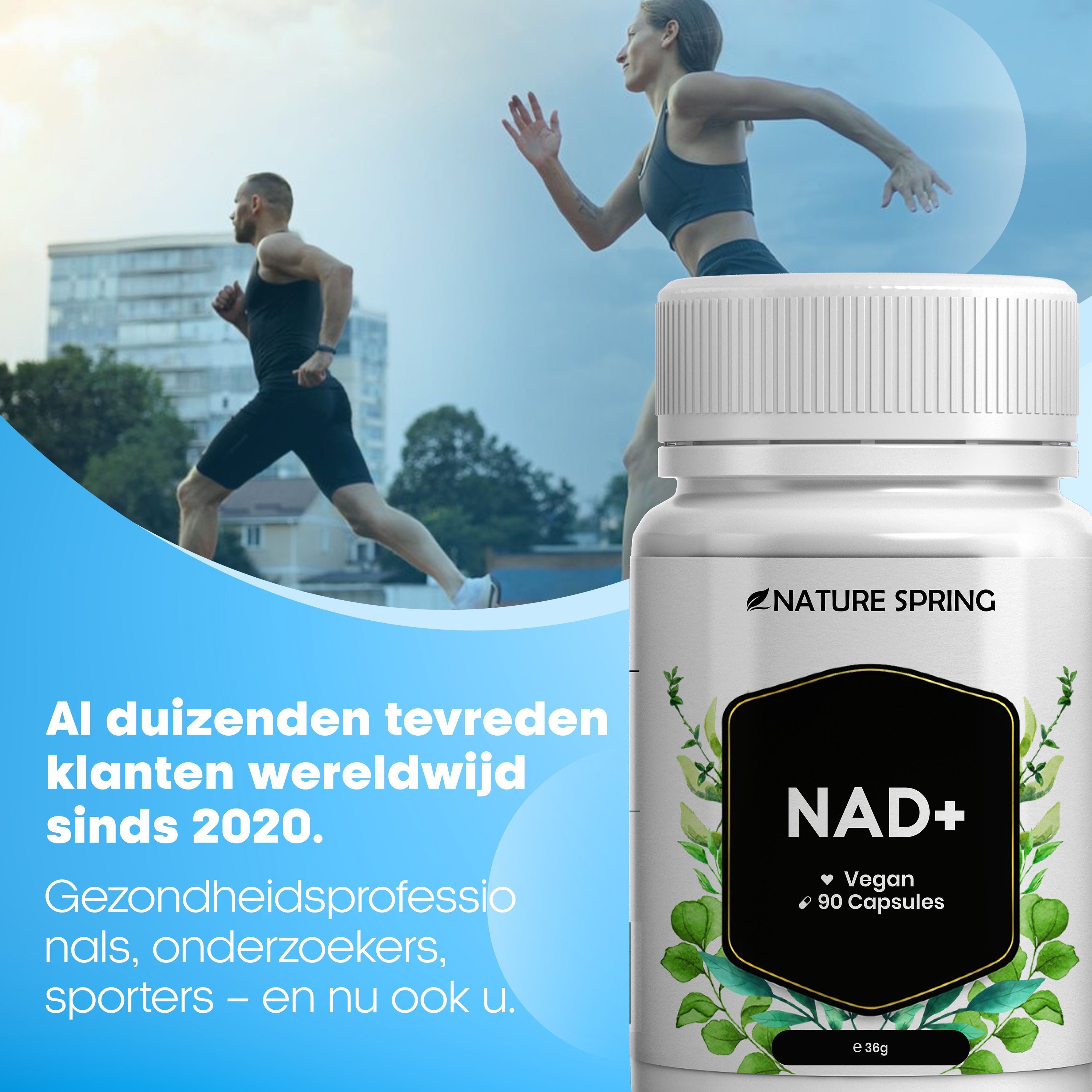 NATURE SPRING NAD+ Capsules: 90 capsules, vegan. Renners op de achtergrond.