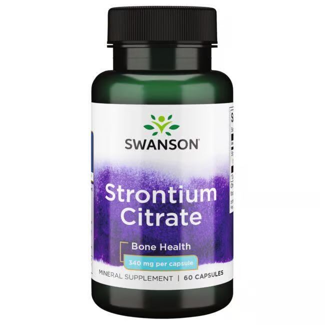 Flacon vert avec bouchon noir. Inscription: SWANSON Strontium Citrate, 340 mg par capsule, 60 capsules.