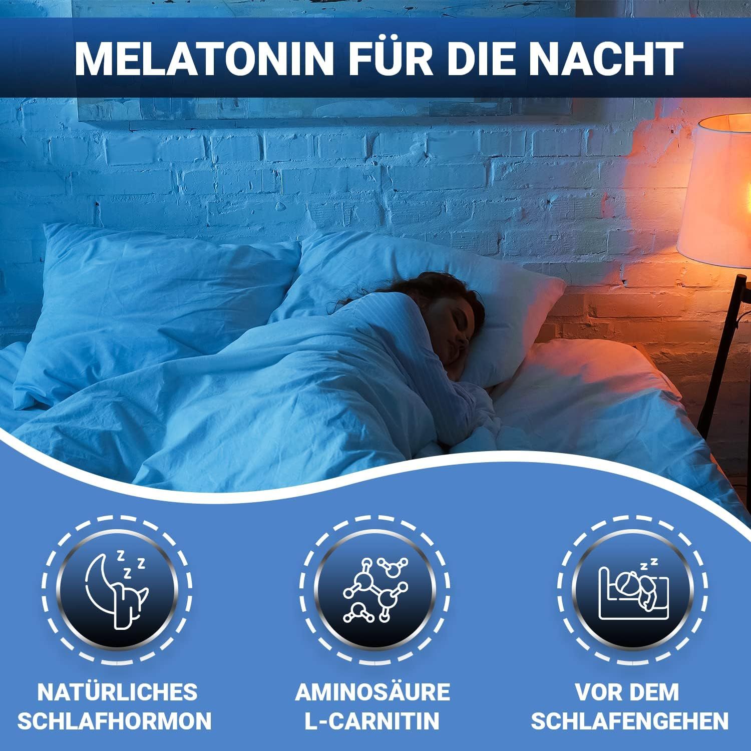 Une femme dort dans un lit. Fond bleu avec texte : Mélatonine pour la nuit. Symboles pour hormone du sommeil, acide aminé et coucher.