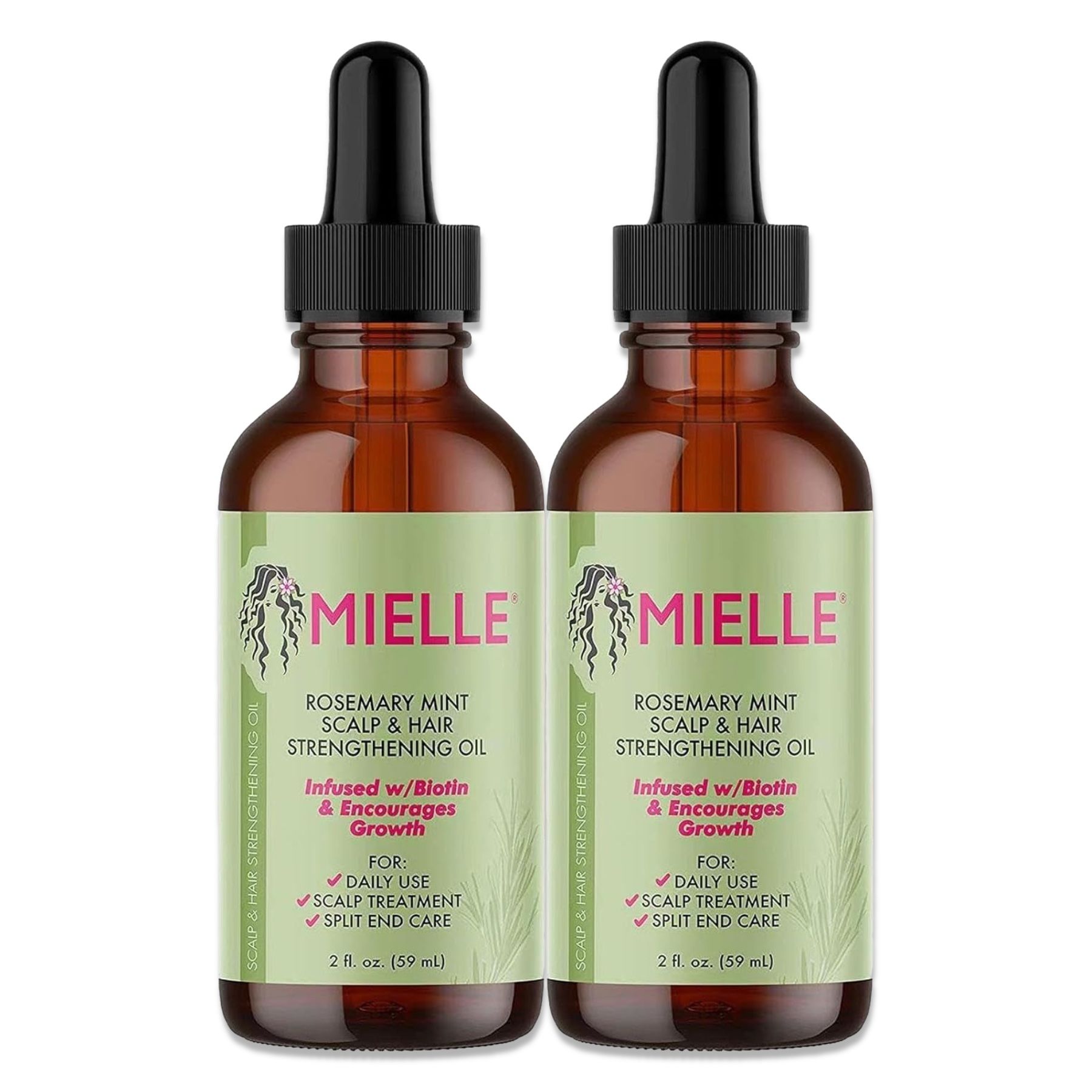 Deux flacons en verre brun avec pipettes noires. Inscription : Mielle, Rosemary Mint Scalp & Hair Strengthening Oil. Étiquette verte et blanche.