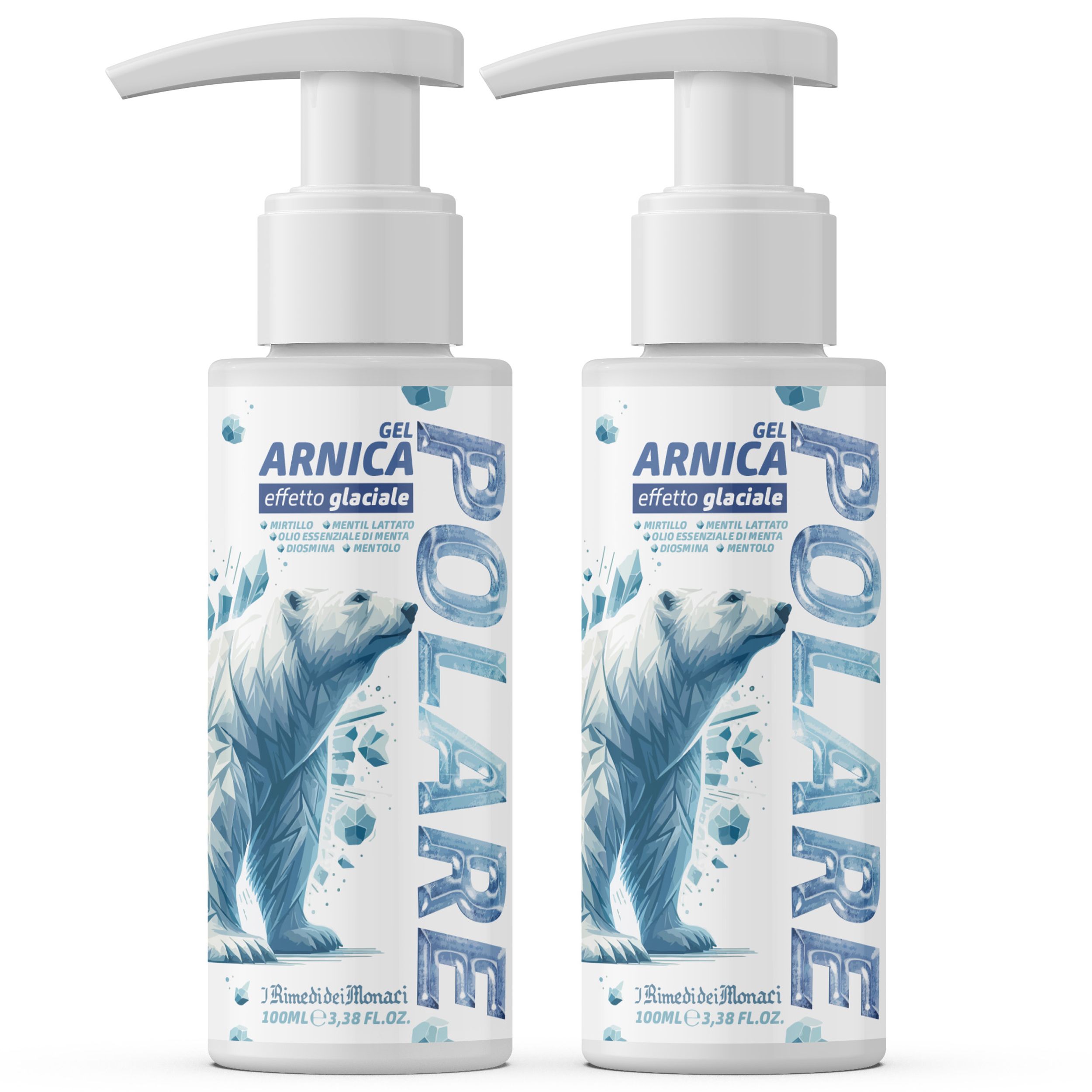Twee witte flessen met pomp. Labels met "ARNICA effetto glaciale" en een ijsbeer. Merk: RimedideiMonaci.