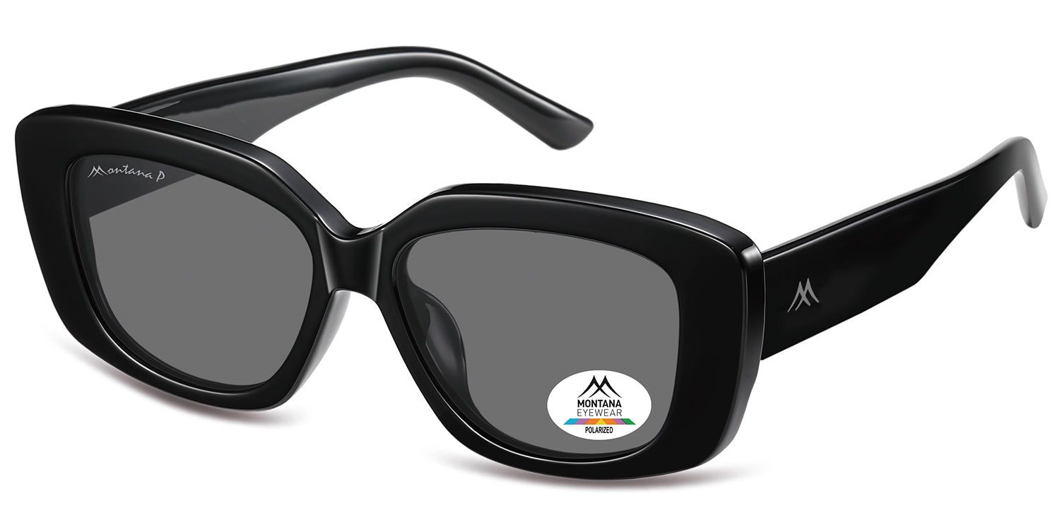 Zwarte zonnebril, rechthoekig montuur. Montana Eyewear logo op de poot en glazen. Gepolariseerd.