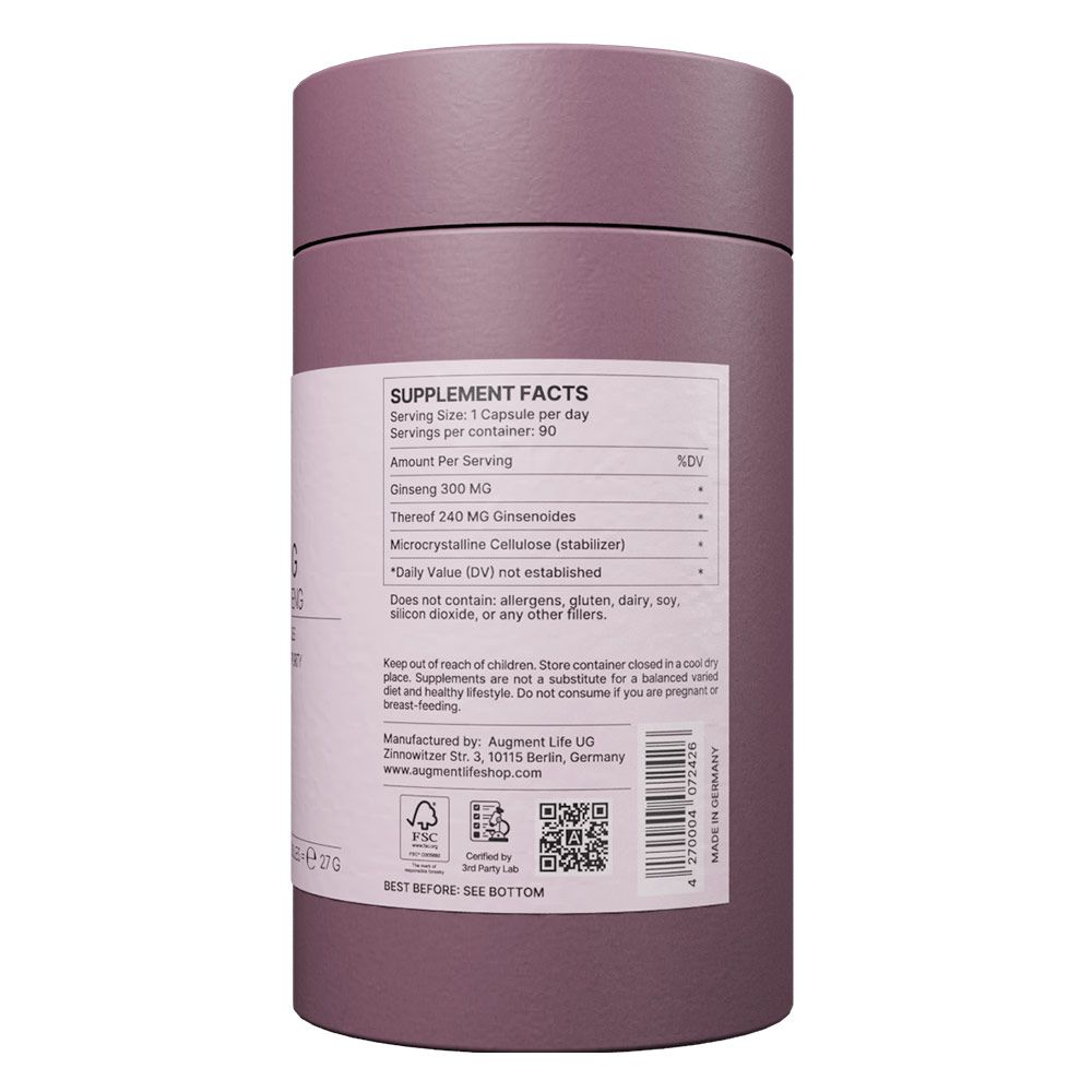 Voedingsfeiten op ronde pot: Ginseng 300 mg, waarvan 240 mg ginsenosiden. Bevat 90 capsules.