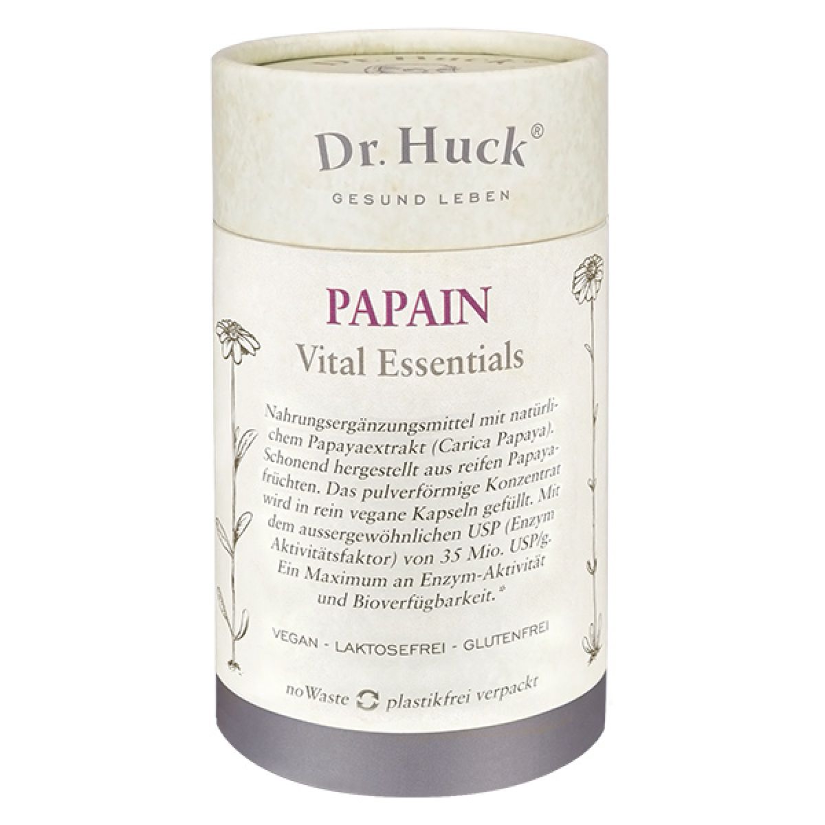 Cilindrische doos met Dr. Huck-logo en Papain-opschrift. Tekst: Vital Essentials, vegan, lactosevrij, glutenvrij.