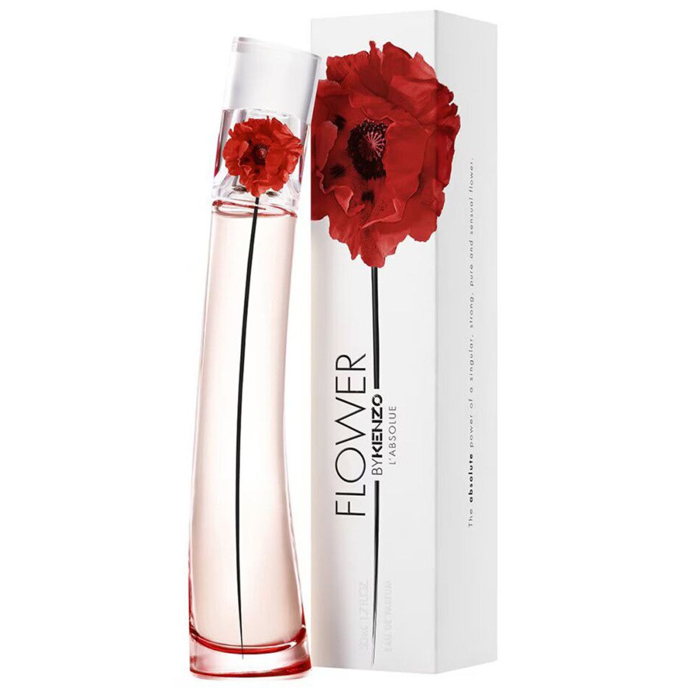 Flacon de parfum KENZO FLOWER L ABSOLUE EDP 100 ML et son emballage, avec un coquelicot rouge.