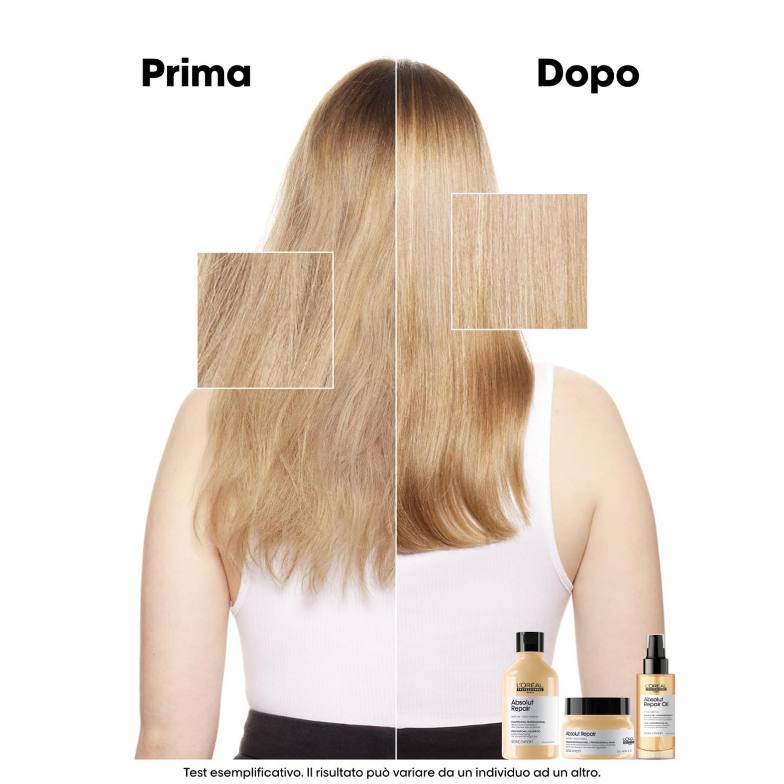 Voor-en-na vergelijking van blond haar. L'Oréal Professionnel Absolut Repair producten onderaan.