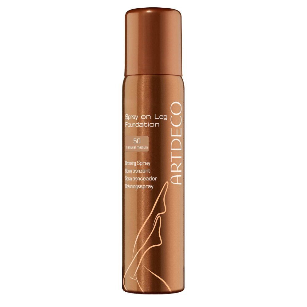 Artdeco Spray on Leg Foundation, bruine spuitfles. Tekst: Spray on Leg Foundation, 50 bronze medium. Logo en beenillustratie.