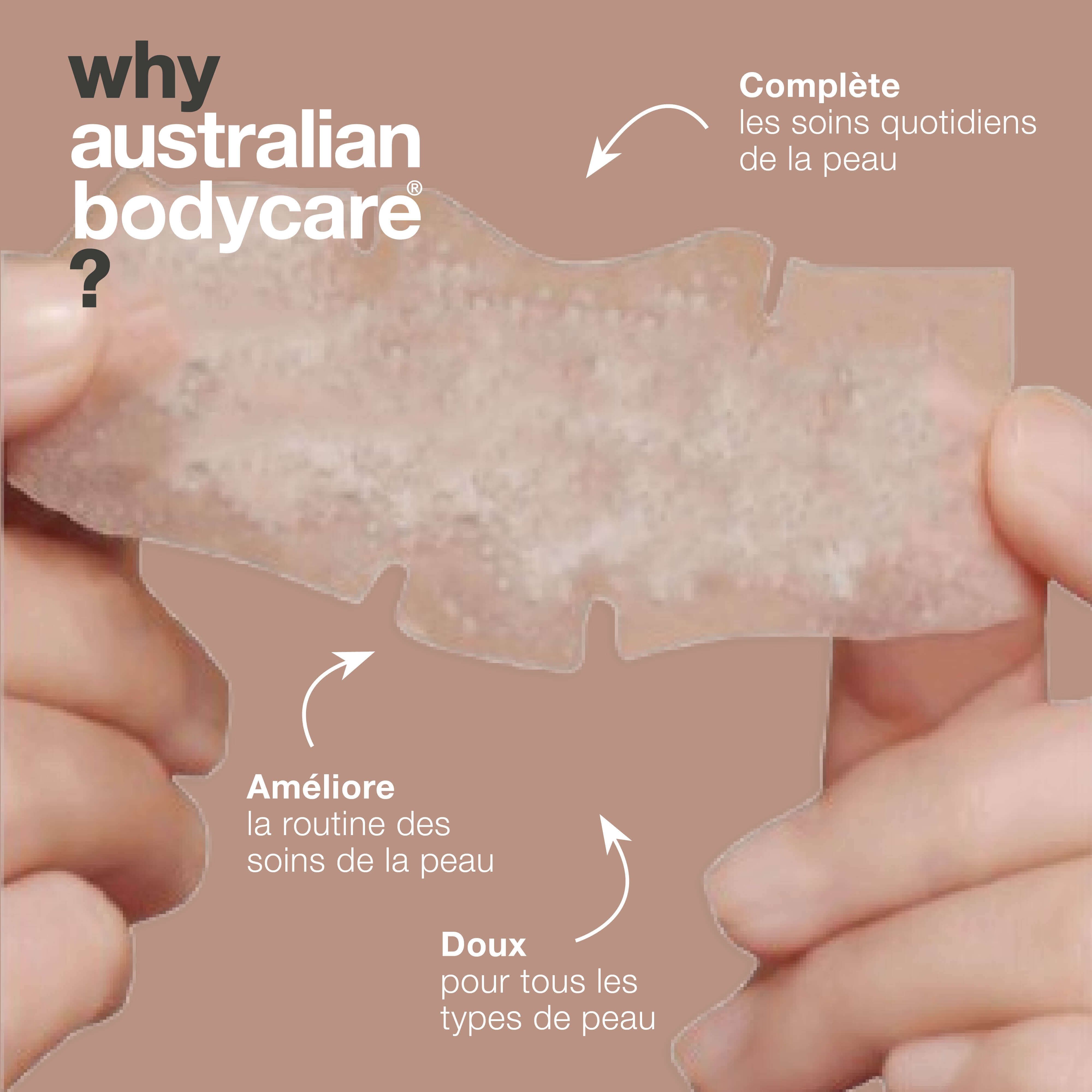 Mains tenant un patch nasal. Texte: Pourquoi Australian Bodycare ? Améliore les soins de la peau. Pour tous types de peau.