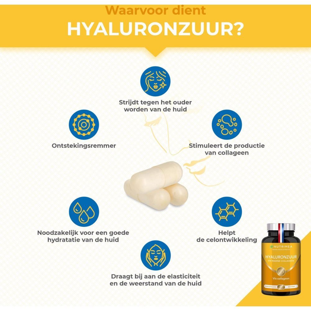 Infographic met iconen en capsules. Thema's: huidveroudering, ontstekingsremmend, collageenproductie, hydratatie, elasticiteit.