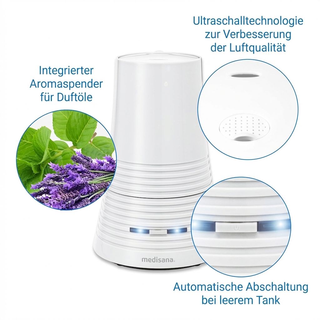Witte medisana AH 662 luchtbevochtiger met ultrasone technologie en geïntegreerde aromaverspreider.
