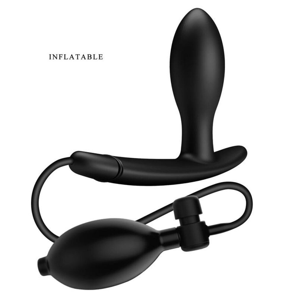 Zwarte, opblaasbare anale plug met geïntegreerde pomp en slang. De plug heeft een ergonomische vorm.