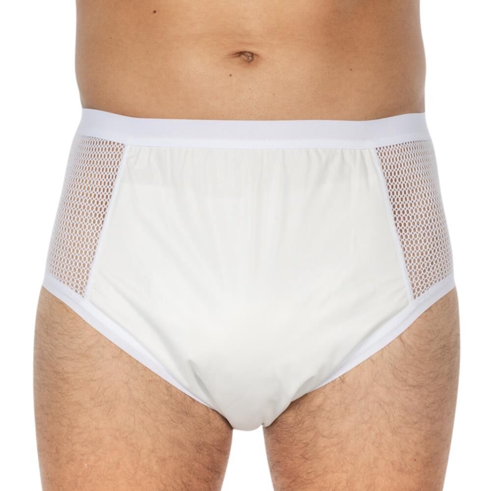 Slip d'incontinence blanc avec inserts en mesh sur les côtés. Matériau PU. Taille haute. Porté.
