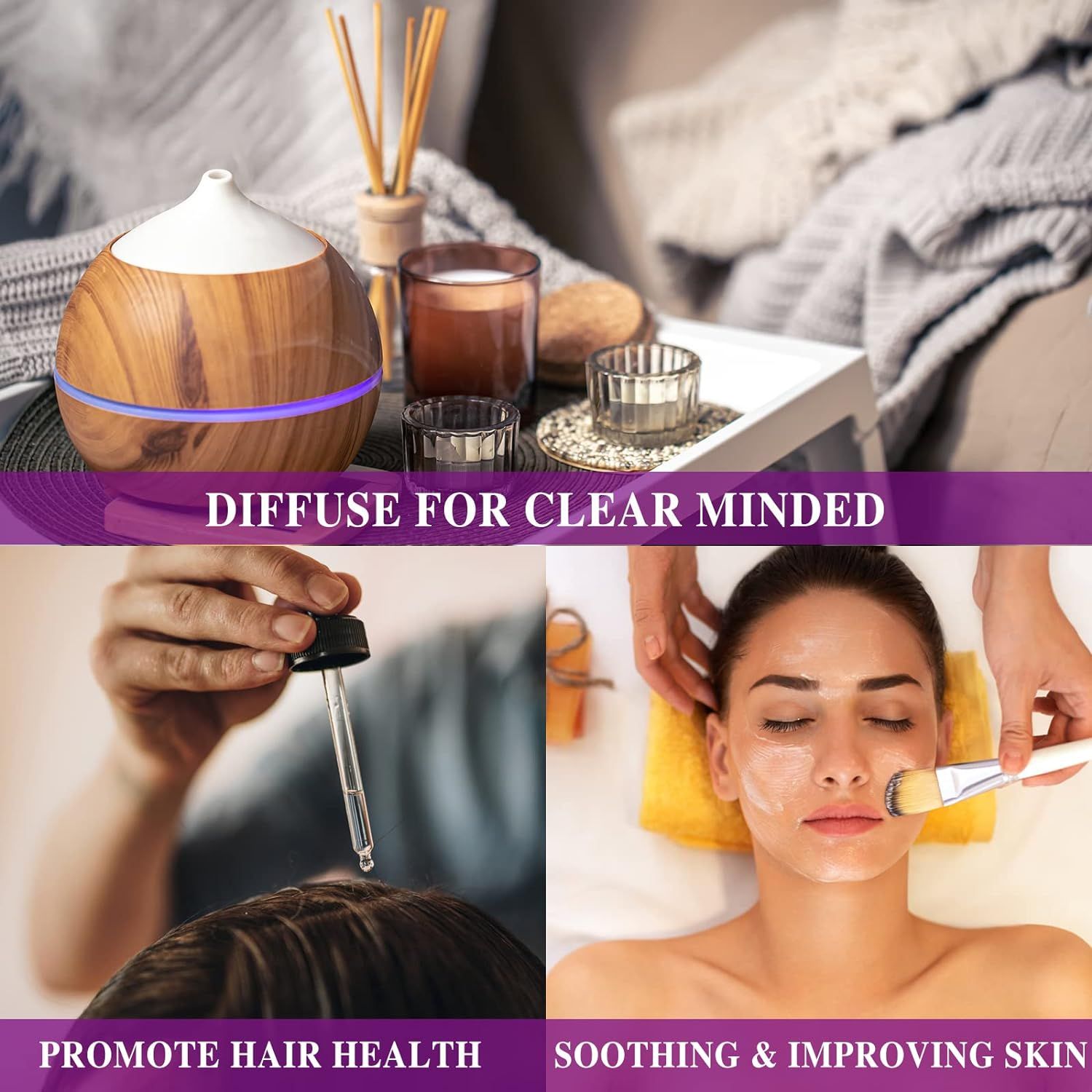 Afbeeldingen van aromatherapietoepassingen. Diffuser, kaarsen, gezichtsbehandeling, haarverzorging. Tekst: Diffuse for Clear Minded, Promote Hair Health, Soothing & Improving Skin.
