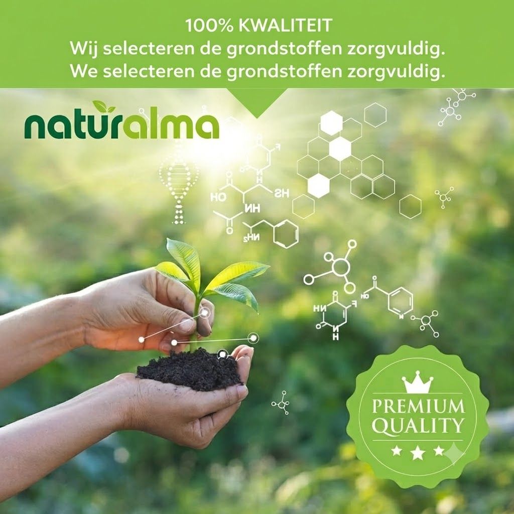 Handen met aarde en plantje. Chemische formules en 'Premium Quality' zegel.