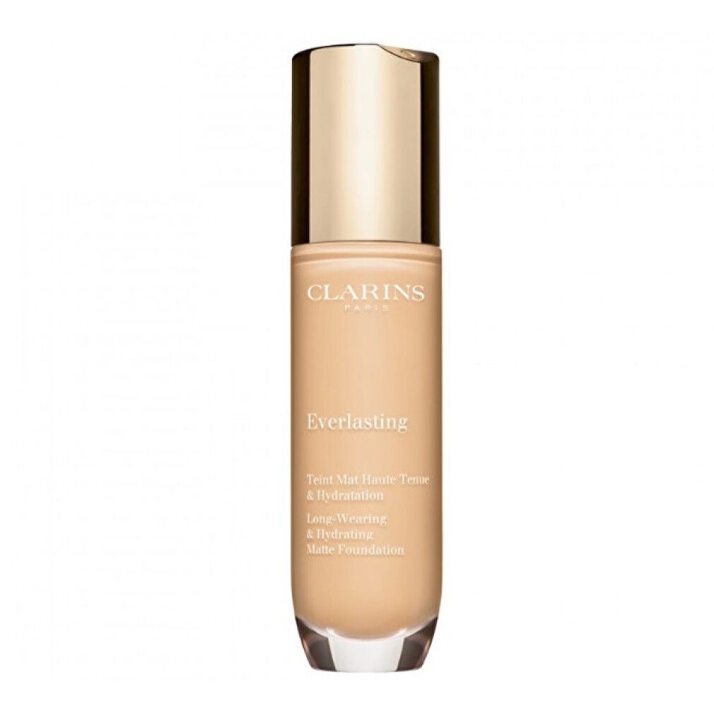 Clarins Everlasting Teint Mat make-up fles. Lichte vloeistof in glazen fles met gouden dop. Productnaam en kenmerken gedrukt.
