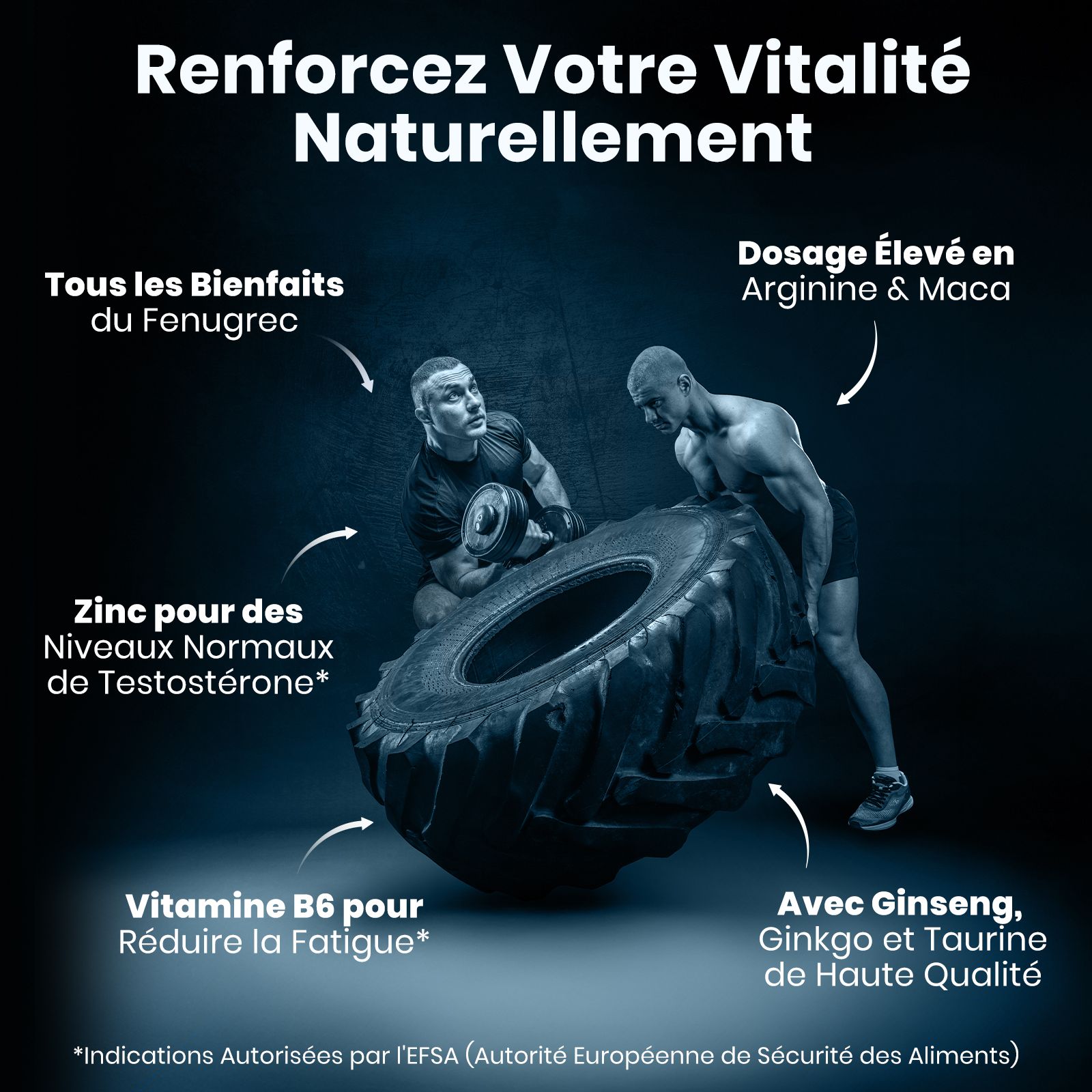 Afbeelding met tekst. Voordelen van fenegriek, arginine en maca, zink en ginseng, ginkgo en taurine. Blauwe kleurstelling.