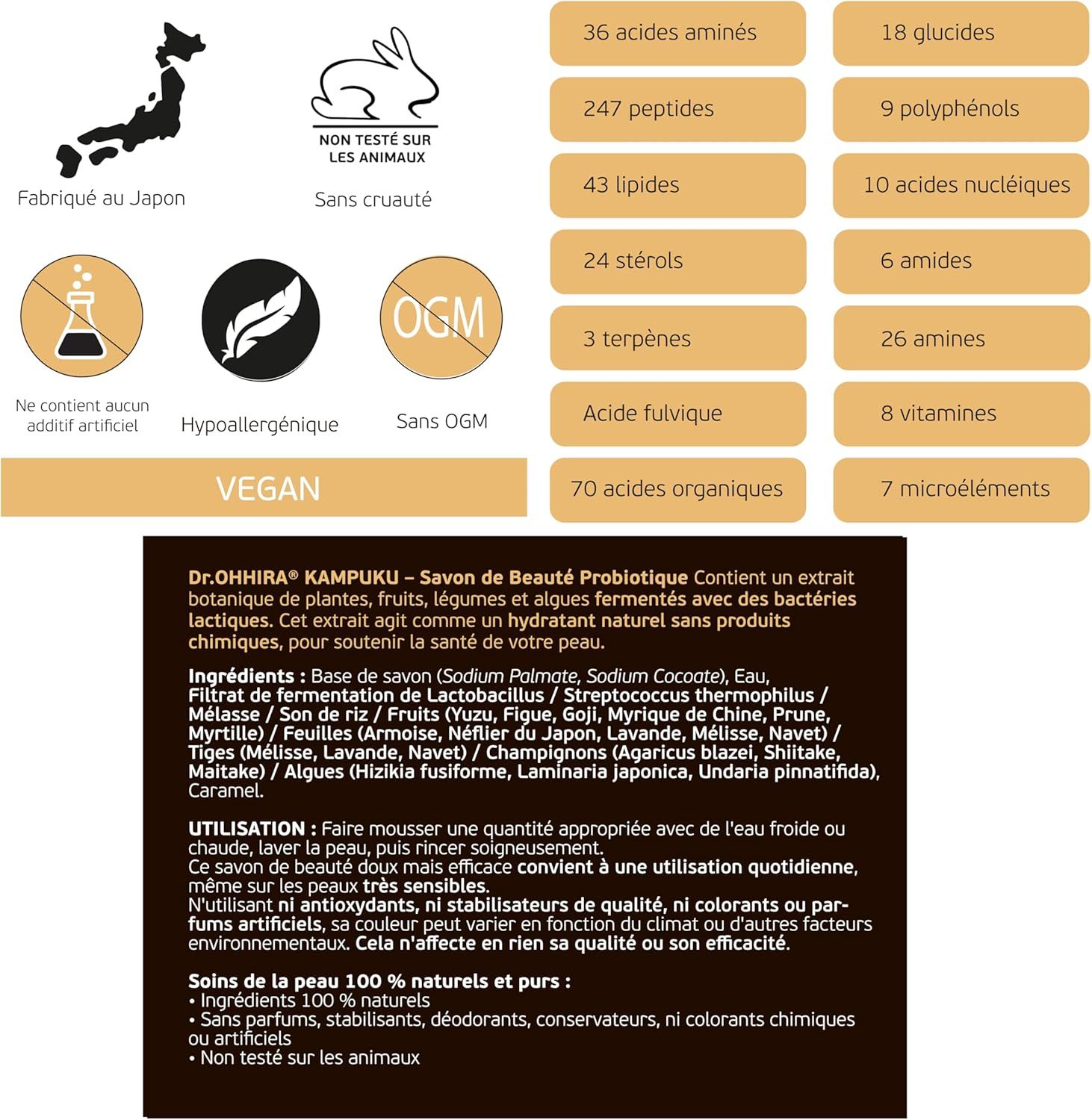 Emballage avec informations sur les ingrédients et certifications comme "Vegan" et "Non testé sur les animaux".