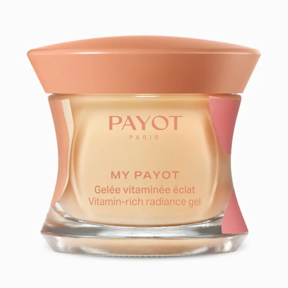Glazen pot met roze deksel. Opschrift PAYOT PARIS, MY PAYOT, Gelee vitaminée éclat, Vitamin-rich radiance gel.