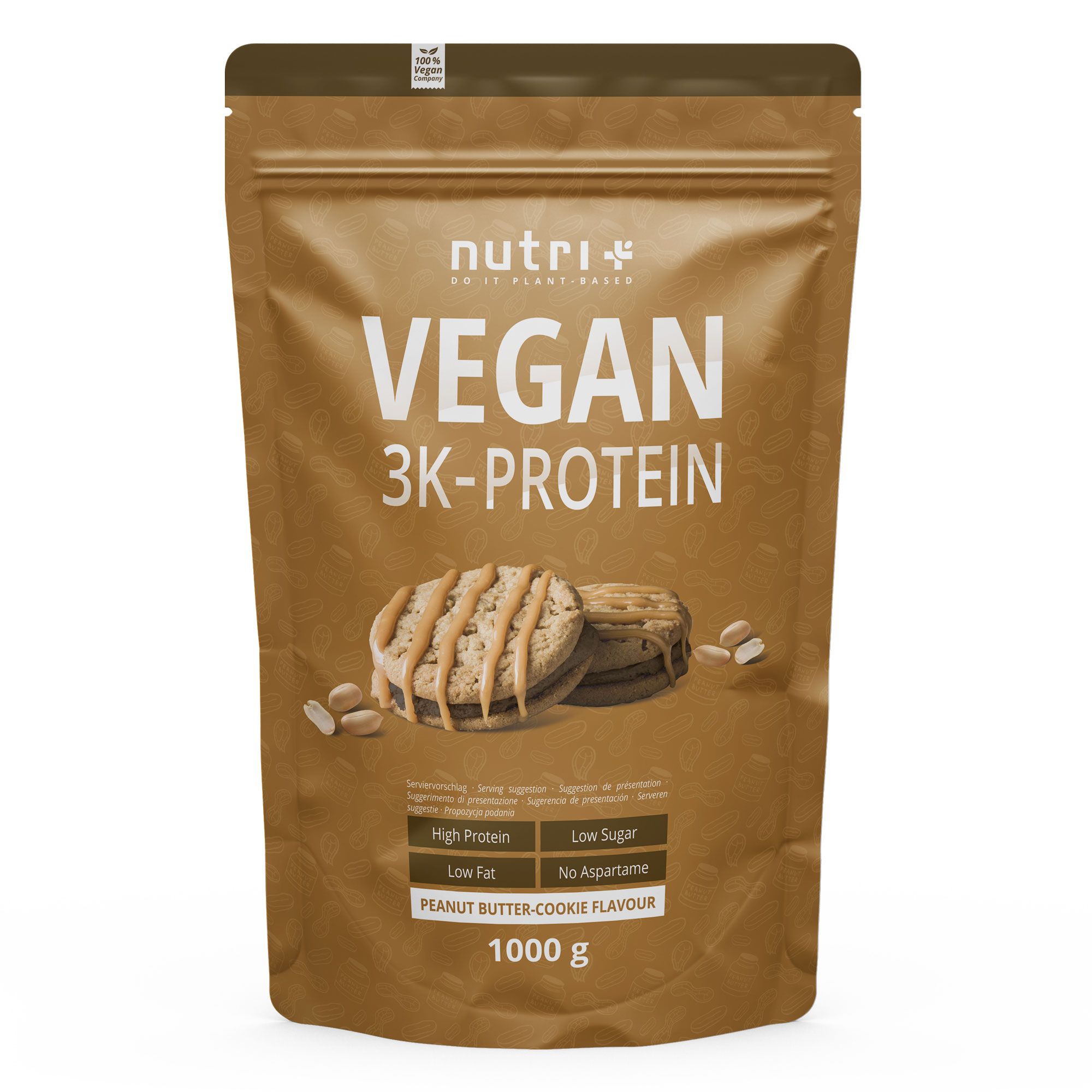 Bruine zak 'VEGAN 3K-PROTEIN'. Illustratie van pindakaaskoekjes. Opschriften: '1000 g' en andere informatie.