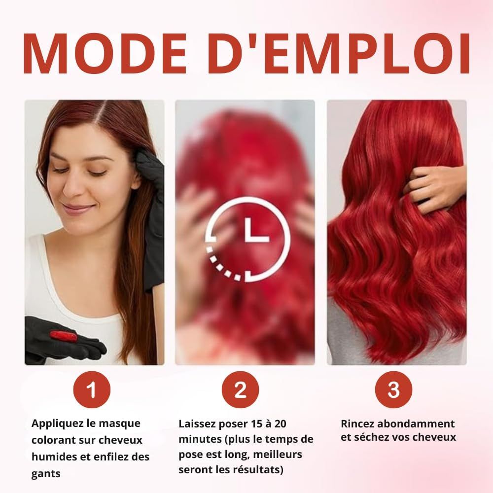 Instructions étape par étape pour la coloration des cheveux : application, pose, rinçage.