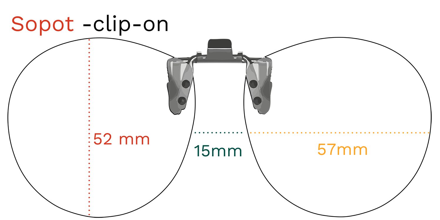 Montana Eyewear Sopot clip-on zonnebril. Afmetingen: 52mm, 57mm, 15mm. Zonder glazen, met maten.