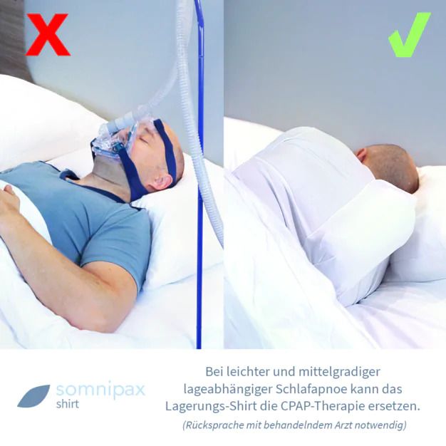 Homme avec masque vs. homme avec oreiller. Somnipax shirt. Remplace la thérapie CPAP.