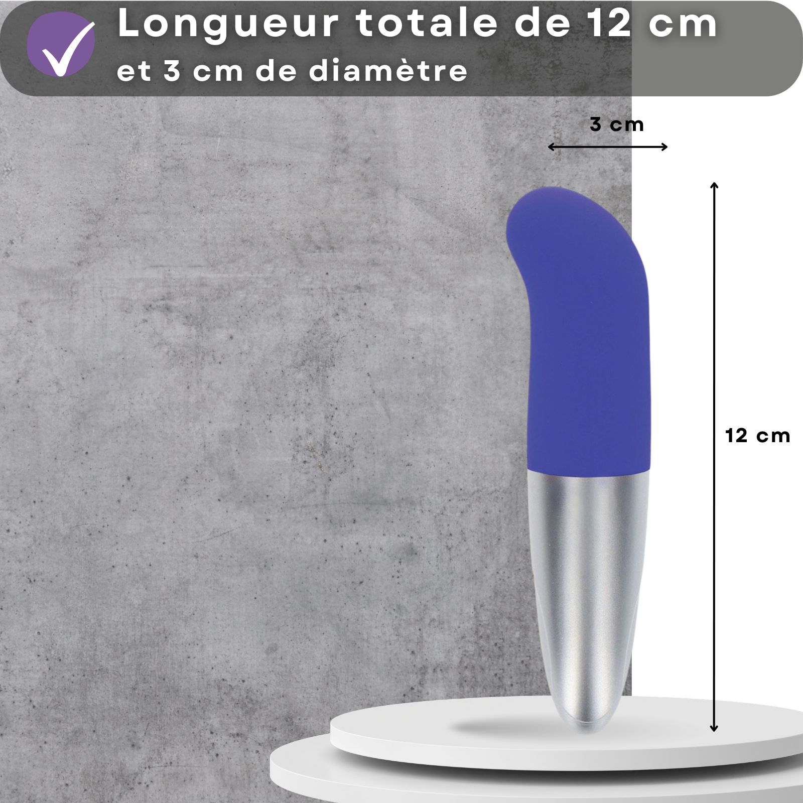 Vibrateur bleu et argenté. Longueur 12 cm, diamètre 3 cm.
