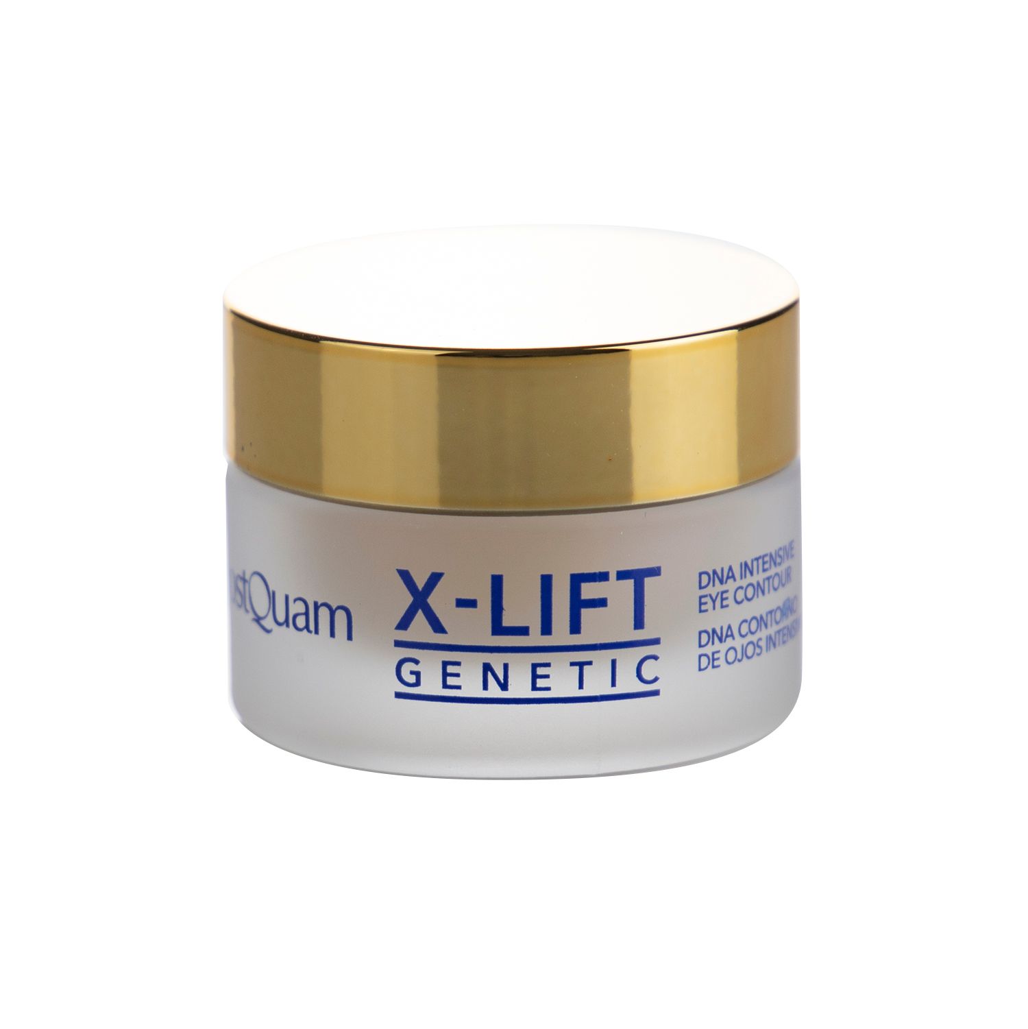 Pot de crème avec couvercle doré. Inscription : X-LIFT GENETIC, DNA Intensive Eye Contour.