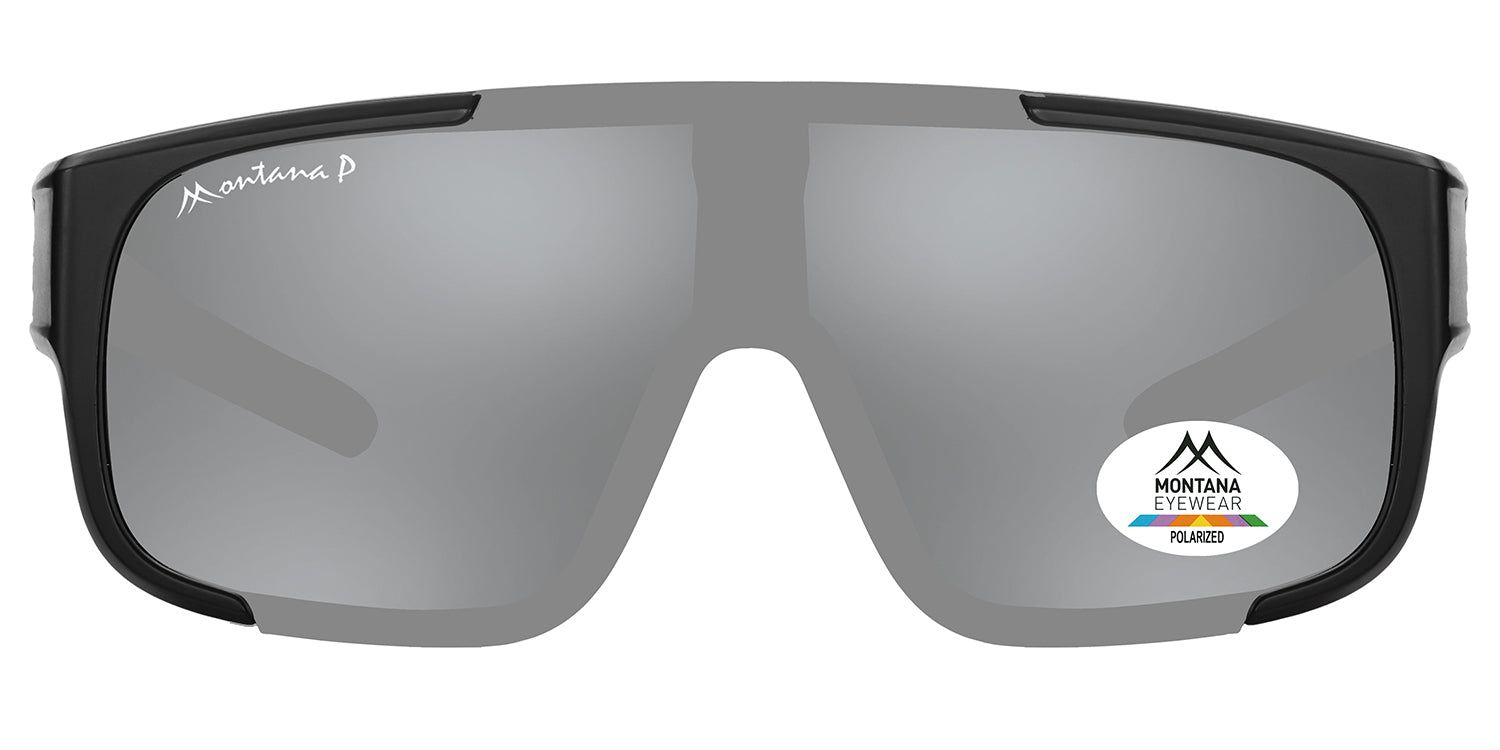 Lunettes de soleil enveloppantes grises. Monture noire avec logo Montana Eyewear. Autocollant polarisé.