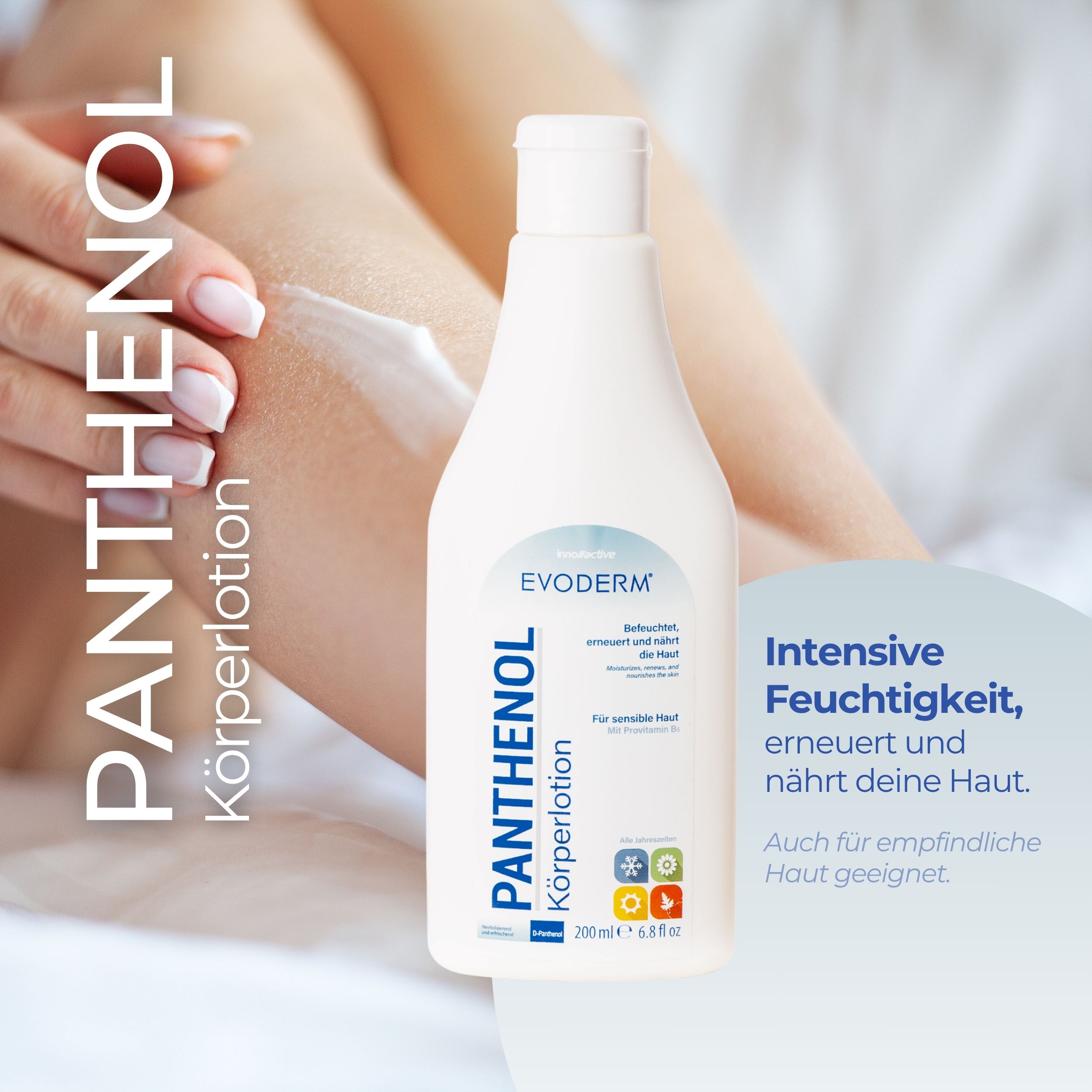 EVODERM Panthenol lichaamslotion. Witte fles. Tekst: Panthenol lichaamslotion. Voor gevoelige huid. 200 ml.